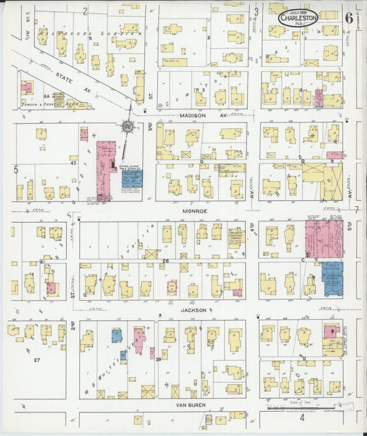 Sanborn Fire Insurance Map from Charleston, Coles County, Illinois (1919), Sheet #0006 - Historic Sanborn Fire Insurance Map Print, vintage old map wall art, antique decor, genealogy gift, Illinois Illinois map