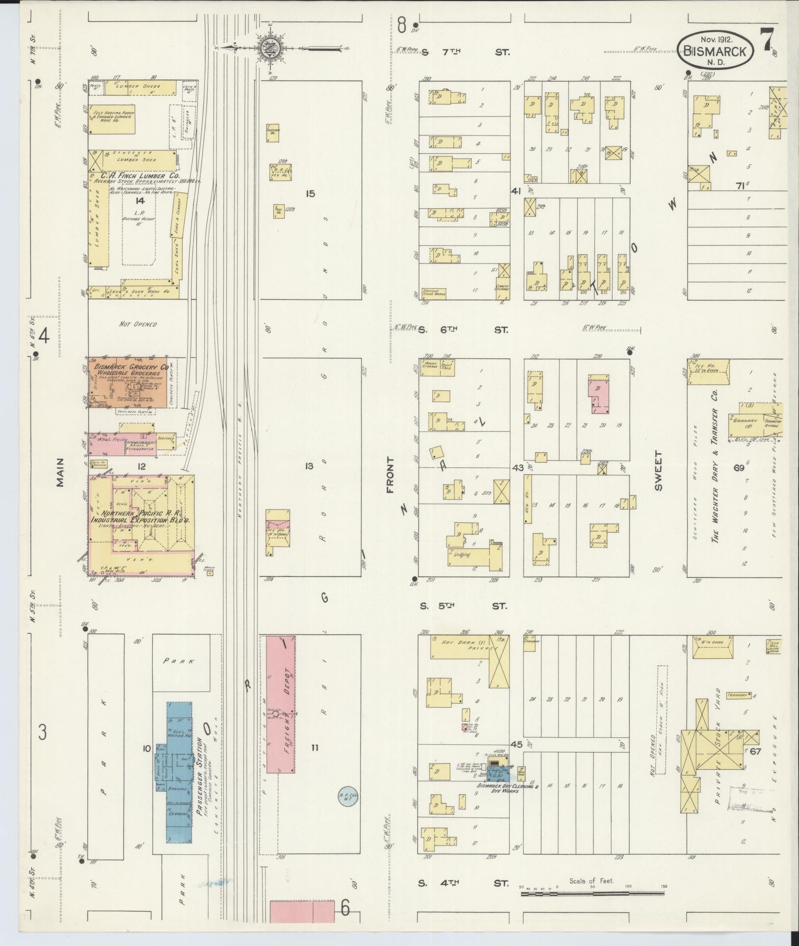 Sanborn Fire Insurance Map from Bismarck, Burleigh County, North Dakota (1912), Sheet #0007 - Historic Sanborn Fire Insurance Map Print, vintage old map wall art, antique decor, genealogy gift, North Dakota North Dakota map