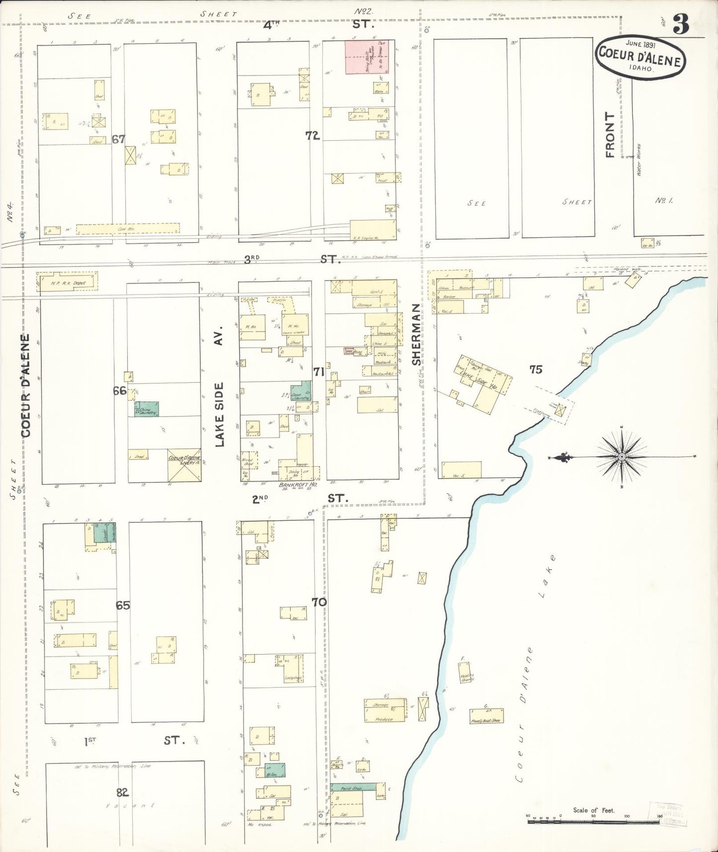 Sanborn Fire Insurance Map from Coeur D'alene, Kootenai County, Idaho (1891), Sheet #0003 - Complete Map Set gallery image, historic Sanborn map, vintage wall art, Idaho Idaho
