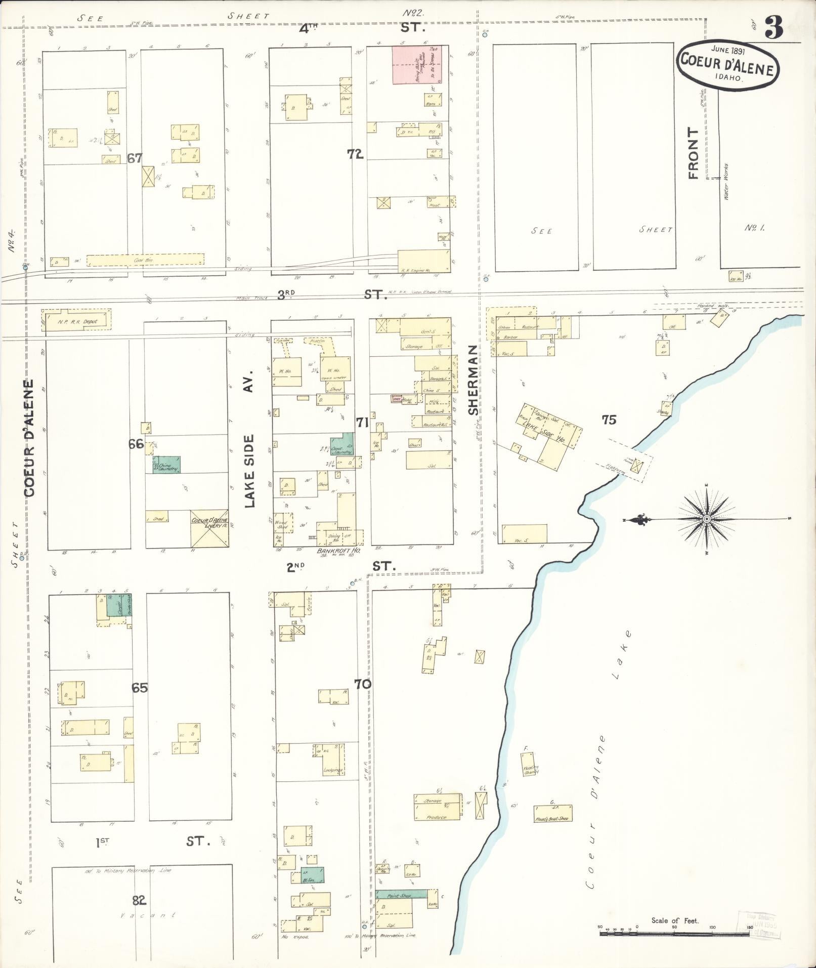 Sanborn Fire Insurance Map from Coeur D'alene, Kootenai County, Idaho (1891), Sheet #0003 - Complete Map Set gallery image, historic Sanborn map, vintage wall art, Idaho Idaho