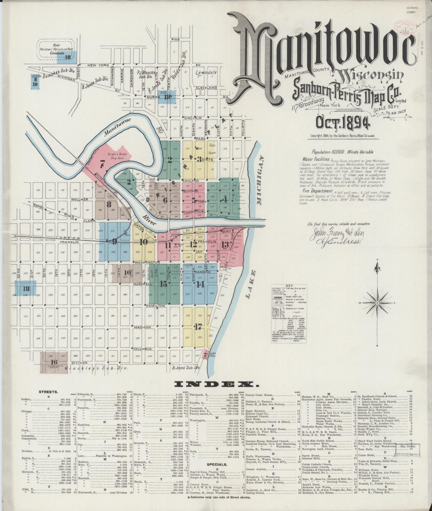 Sanborn Fire Insurance Map from Manitowoc, Manitowoc County, Wisconsin (1894), Sheet #0001 - Historic Sanborn Fire Insurance Map Print, vintage old map wall art, antique decor, genealogy gift, Wisconsin Wisconsin map