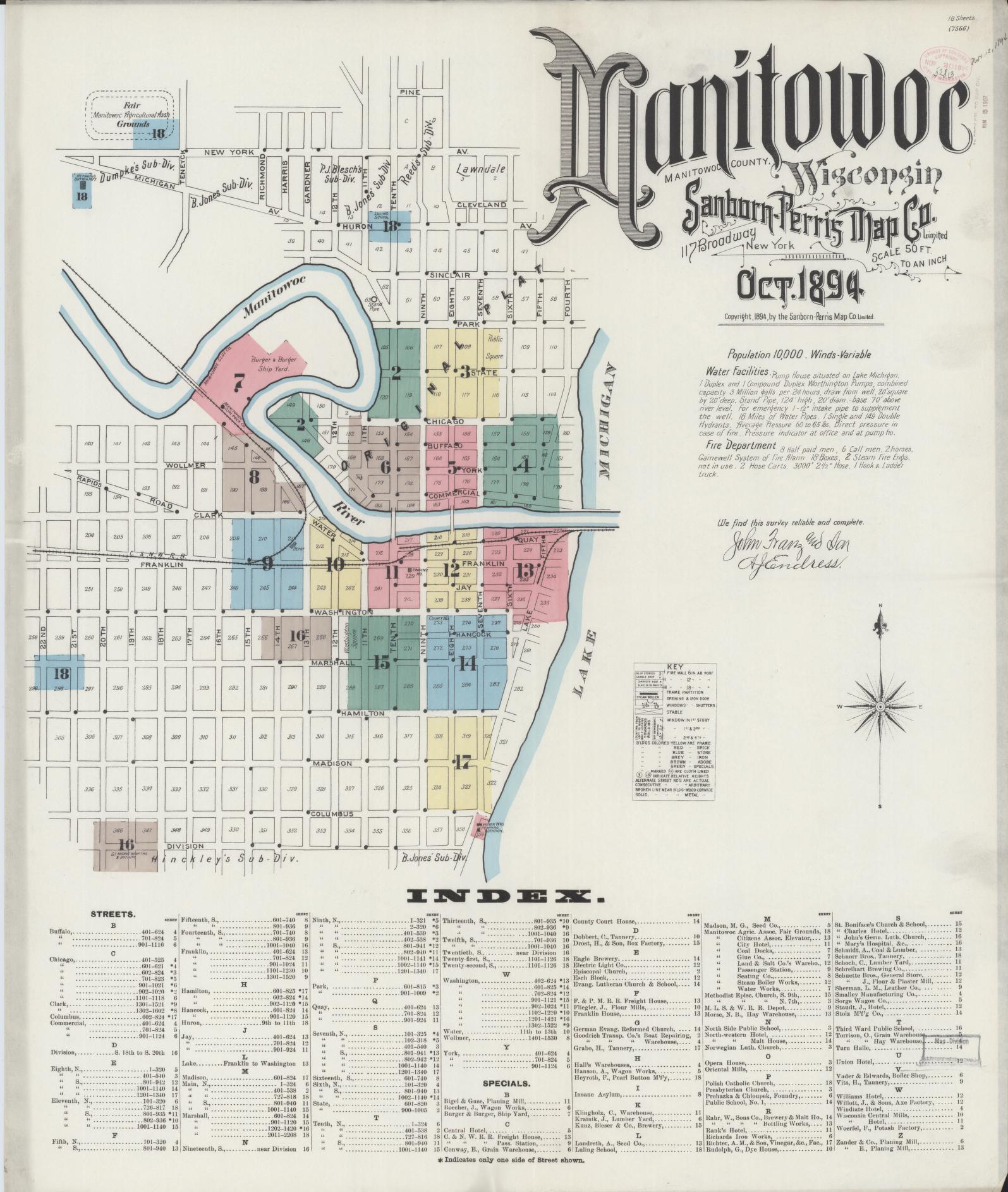 Sanborn Fire Insurance Map from Manitowoc, Manitowoc County, Wisconsin (1894), Sheet #0001 - Historic Sanborn Fire Insurance Map Print, vintage old map wall art, antique decor, genealogy gift, Wisconsin Wisconsin map