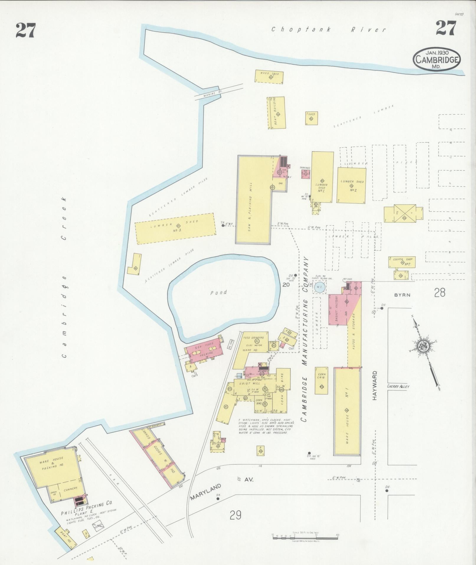Dorchester, Maryland - 1930 - Sanborn Fire Insurance Map, Sheet #0027 - Historic Sanborn Fire Insurance Map Print, Dorchester Maryland 1930 0027 vintage old map wall art