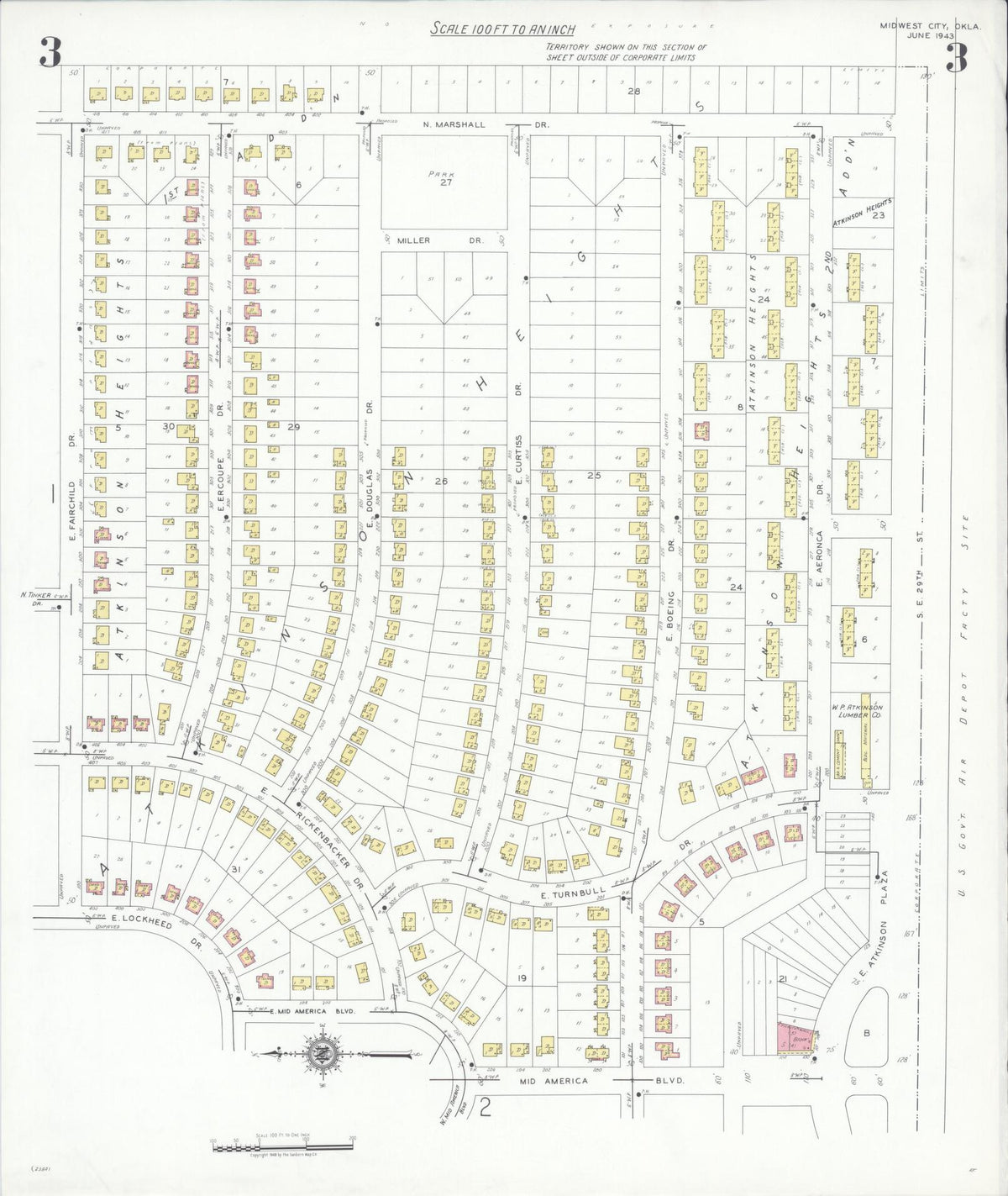 Sanborn Fire Insurance Map from Midwest City, Oklahoma County, Oklahoma (1943), Sheet #0003 - Historic Sanborn Fire Insurance Map Print, vintage old map wall art, antique decor, genealogy gift, Midwest City Oklahoma map