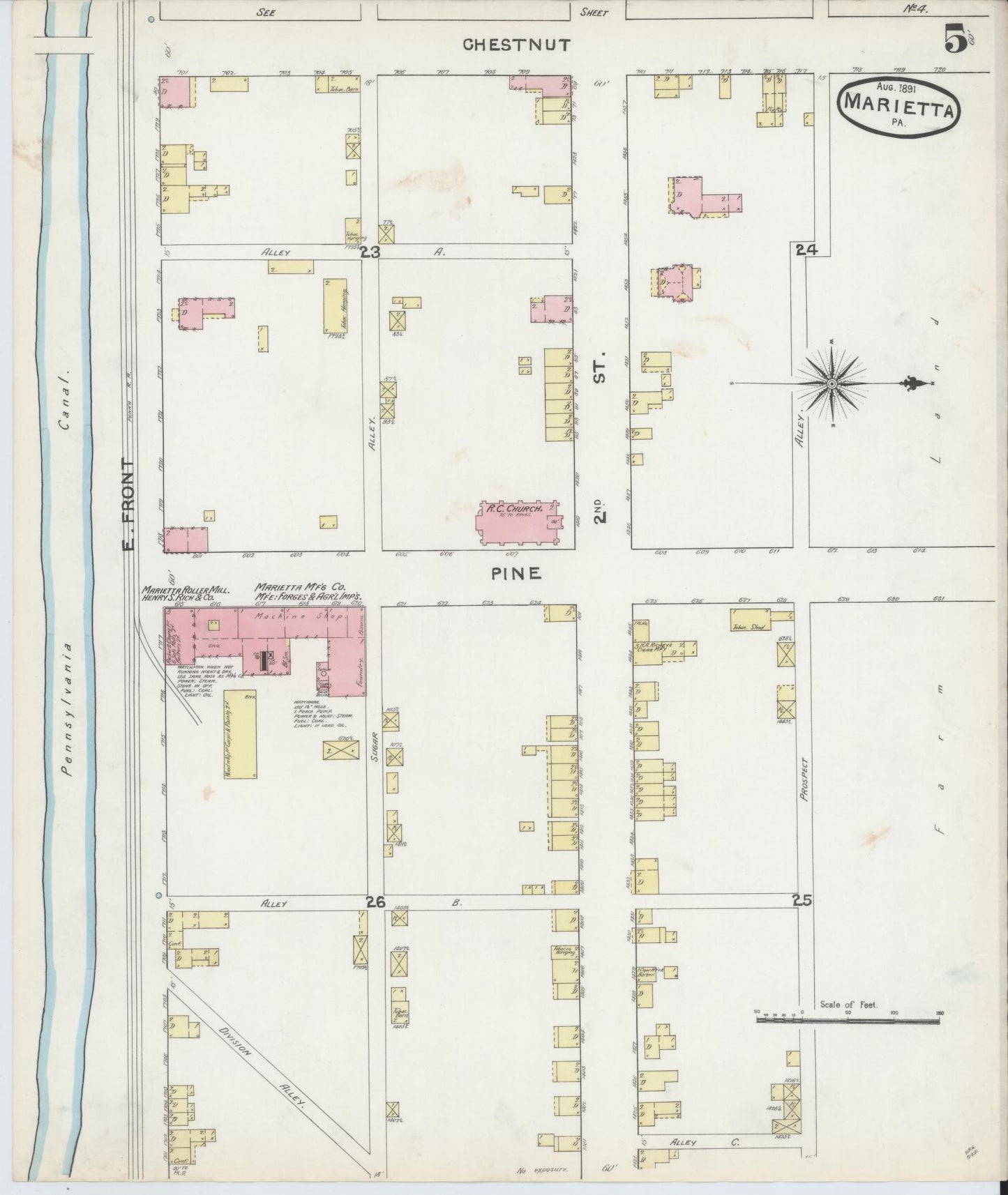 Sanborn Fire Insurance Map from Marietta, Lancaster County, Pennsylvania (1891), Sheet #0005 - Historic Sanborn Fire Insurance Map Print, vintage old map wall art, antique decor, genealogy gift, Pennsylvania Pennsylvania map