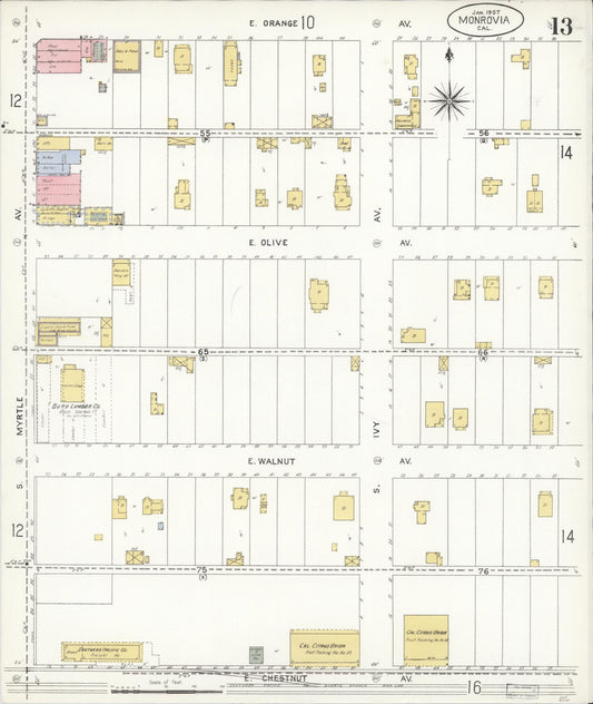 Sanborn Fire Insurance Map from Monrovia, Los Angeles County, California (1907), Sheet #0013 - Historic Sanborn Fire Insurance Map Print, vintage old map wall art, antique decor, genealogy gift, California California map