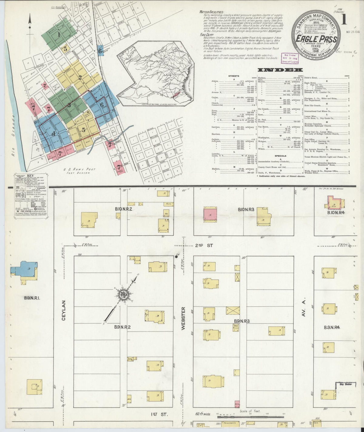 Sanborn Fire Insurance Map from Eagle Pass, Maverick County, Texas (1916), Sheet #0001 - Historic Sanborn Fire Insurance Map Print, vintage old map wall art, antique decor, genealogy gift, Texas Texas map