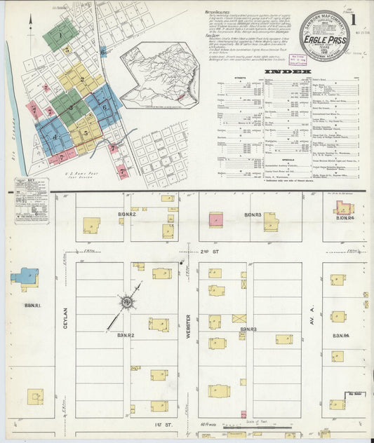 Sanborn Fire Insurance Map from Eagle Pass, Maverick County, Texas (1916), Sheet #0001 - Historic Sanborn Fire Insurance Map Print, vintage old map wall art, antique decor, genealogy gift, Texas Texas map