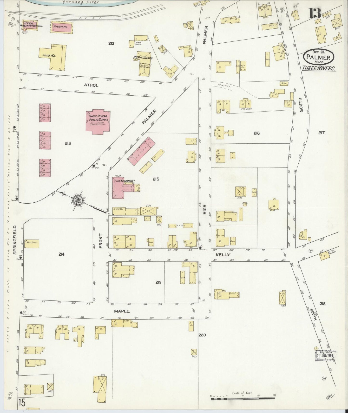Sanborn Fire Insurance Map from Palmer, Hampden County, Massachusetts (1911), Sheet #0013 - Historic Sanborn Fire Insurance Map Print, vintage old map wall art, antique decor, genealogy gift, Massachusetts Massachusetts map