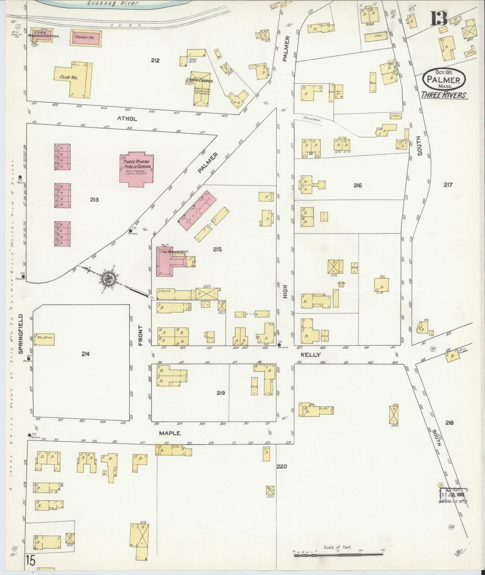 Sanborn Fire Insurance Map from Palmer, Hampden County, Massachusetts (1911), Sheet #0013 - Historic Sanborn Fire Insurance Map Print, vintage old map wall art, antique decor, genealogy gift, Massachusetts Massachusetts map
