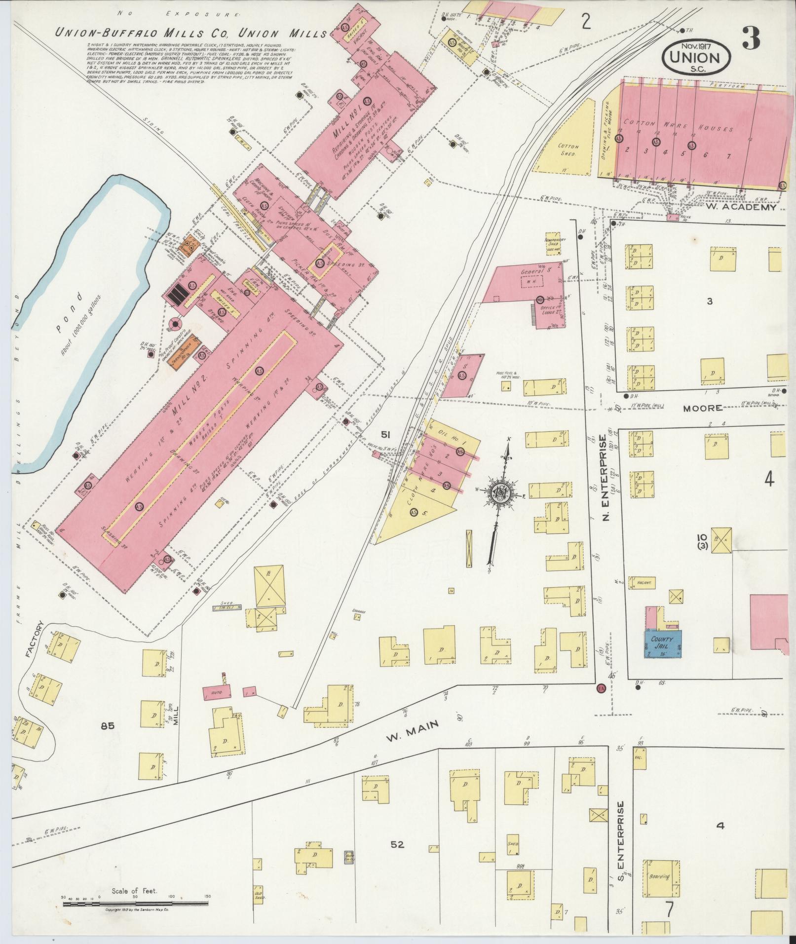 Sanborn Fire Insurance Map from Union, Union County, South Carolina (1917), Sheet #0003 - Historic Sanborn Fire Insurance Map Print, vintage old map wall art, antique decor, genealogy gift, South Carolina South Carolina map
