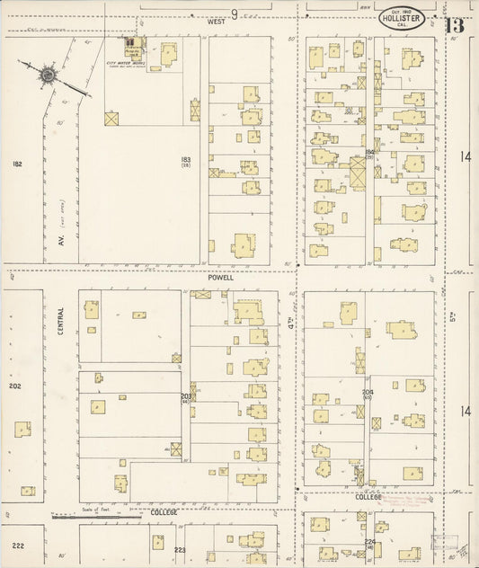 Sanborn Fire Insurance Map from Hollister, San Benito County, California (1910), Sheet #0013 - Historic Sanborn Fire Insurance Map Print, vintage old map wall art, antique decor, genealogy gift, California California map