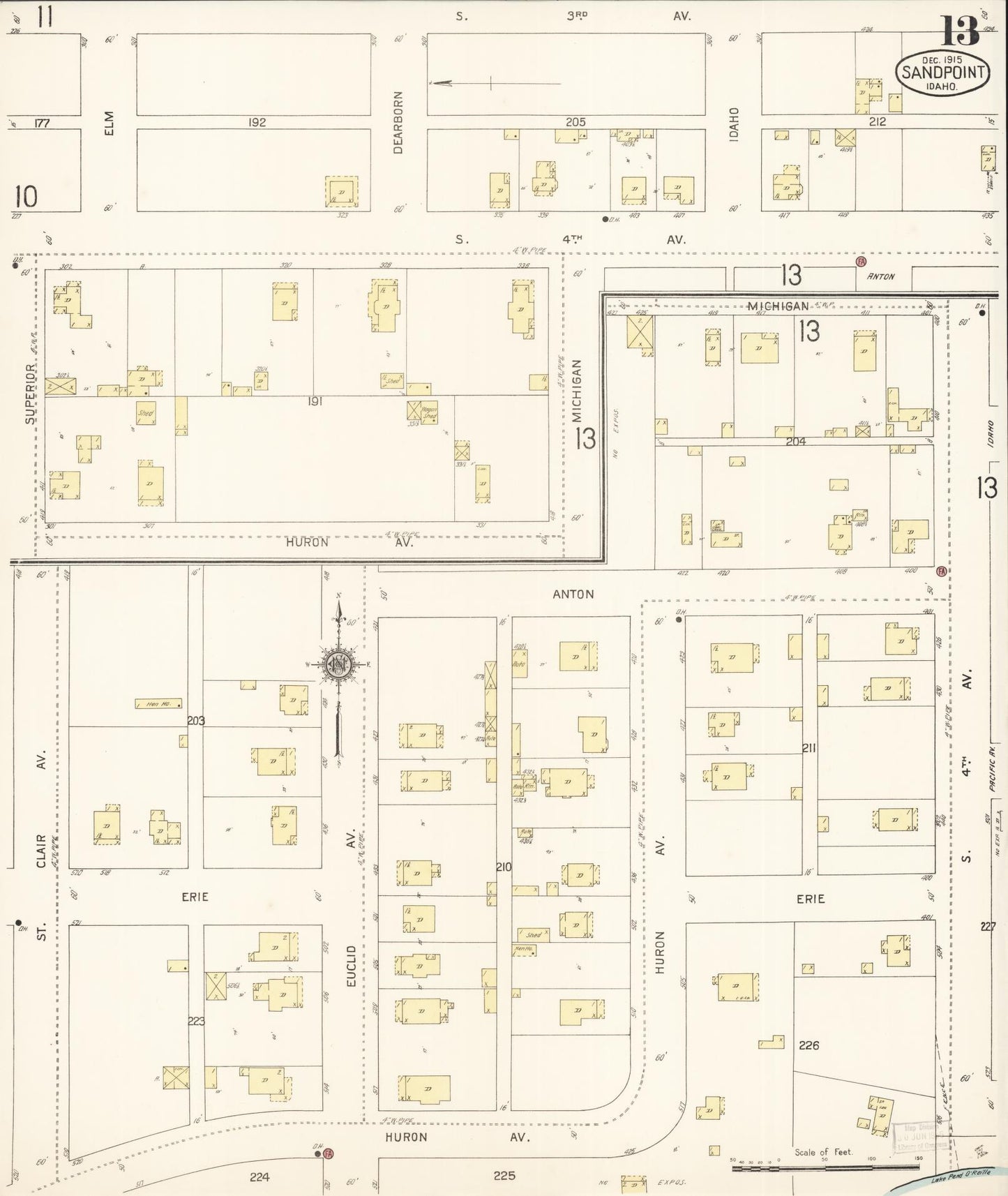 Sanborn Fire Insurance Map from Sandpoint, Bonner County, Idaho (1915), Sheet #0013 - Complete Map Set gallery image, historic Sanborn map, vintage wall art, Idaho Idaho