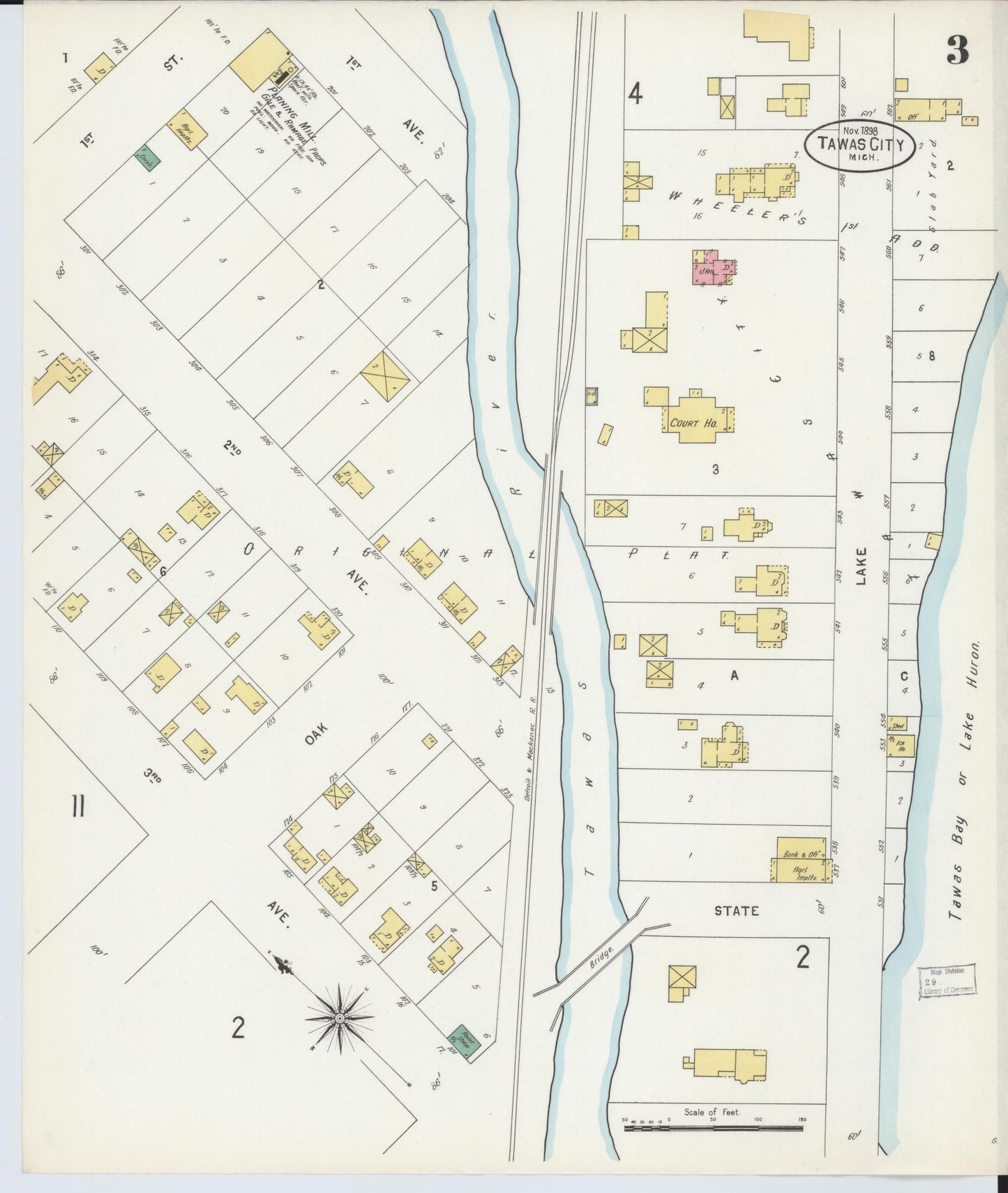 Sanborn Fire Insurance Map from Tawas City, Iosco County, Michigan (1898), Sheet #0003 - Historic Sanborn Fire Insurance Map Print, vintage old map wall art, antique decor, genealogy gift, Michigan Michigan map