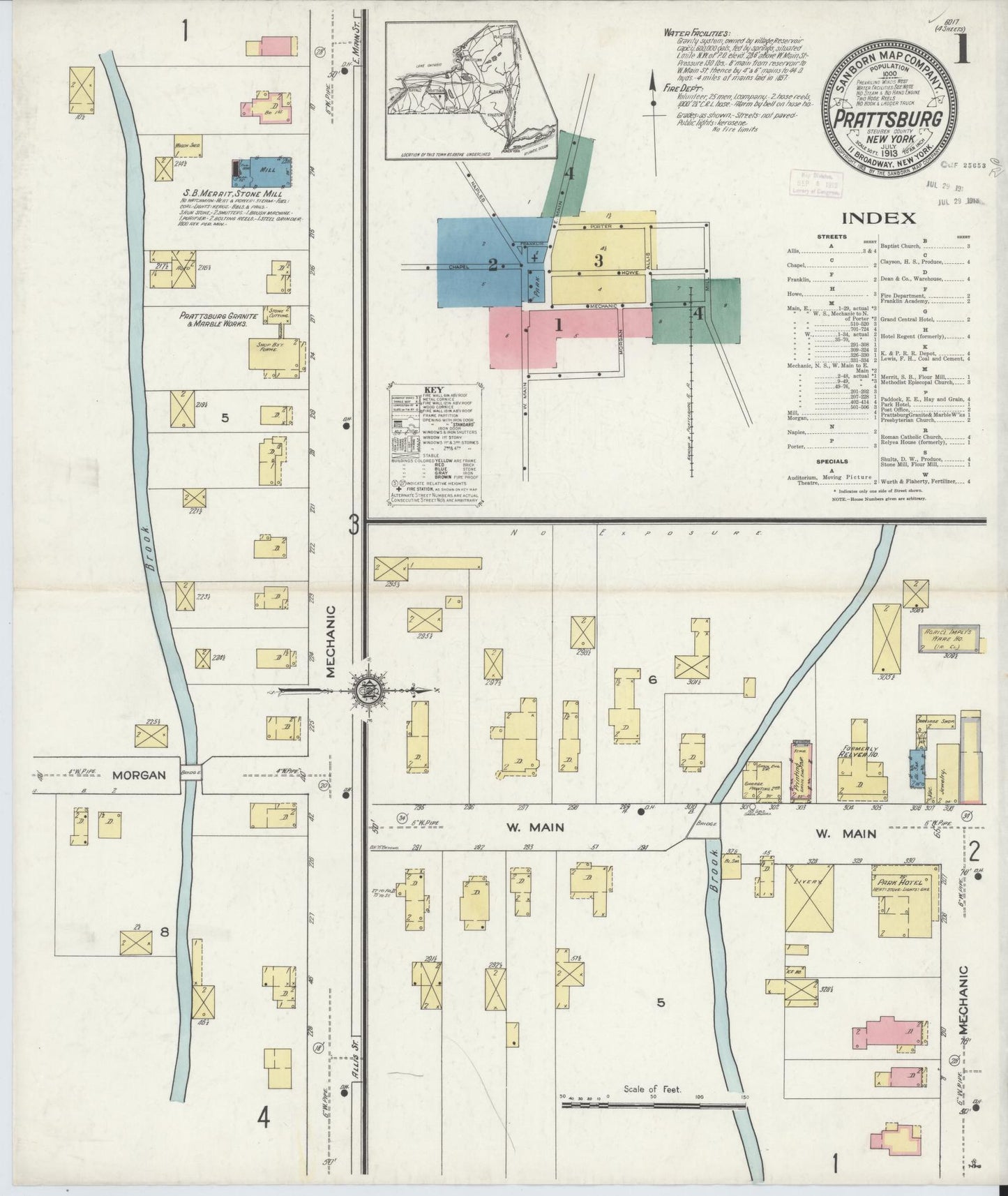 Sanborn Fire Insurance Map from Prattsburgh, Steuben County, New York (1913), Sheet #0001 - Historic Sanborn Fire Insurance Map Print, vintage old map wall art, antique decor, genealogy gift, New York New York map