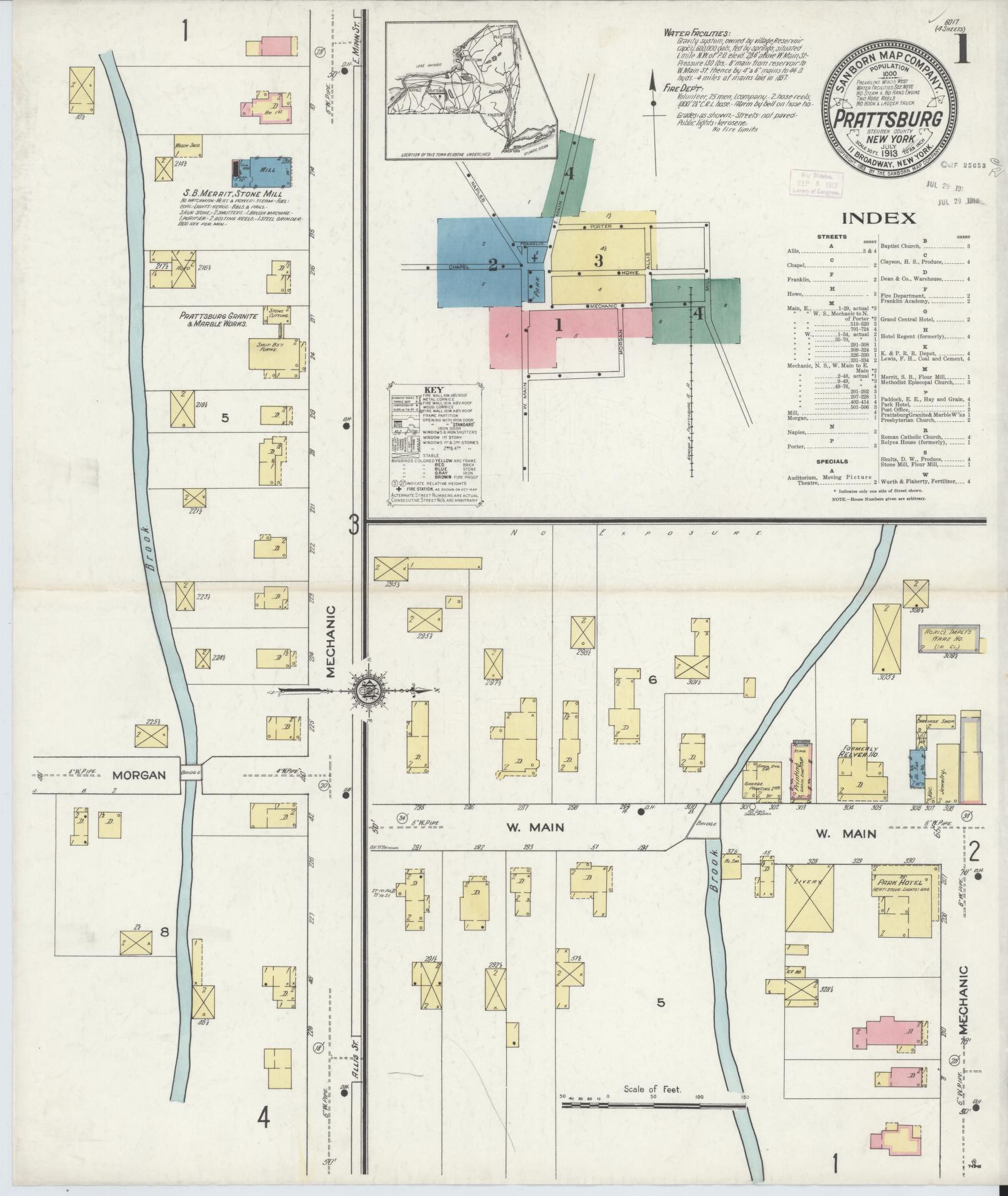 Sanborn Fire Insurance Map from Prattsburgh, Steuben County, New York (1913), Sheet #0001 - Historic Sanborn Fire Insurance Map Print, vintage old map wall art, antique decor, genealogy gift, New York New York map
