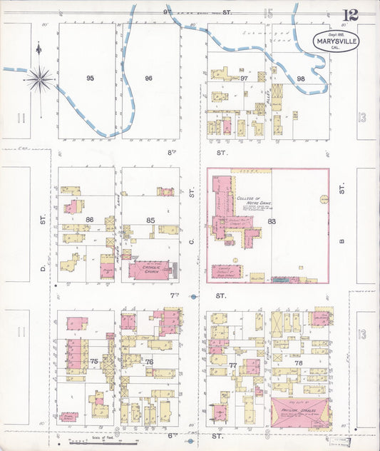 Sanborn Fire Insurance Map from Marysville, Yuba County, California (1895), Sheet #0012 - Historic Sanborn Fire Insurance Map Print, vintage old map wall art, antique decor, genealogy gift, California California map
