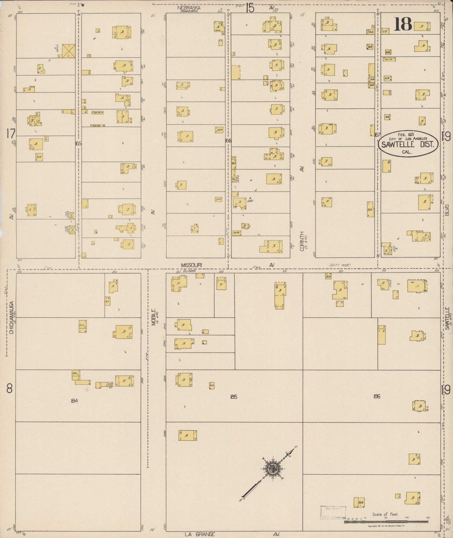 Sanborn Fire Insurance Map from Sawtelle, Los Angeles County, California (1921), Sheet #0018 - Complete Map Set gallery image, historic Sanborn map, vintage wall art, California California