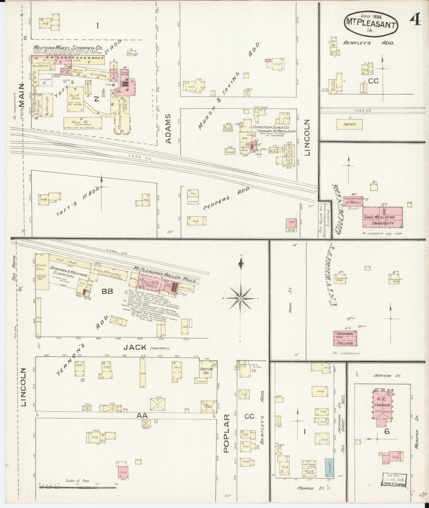 Sanborn Fire Insurance Map from Mount Pleasant, Henry County, Iowa (1886), Sheet #0004 - Historic Sanborn Fire Insurance Map Print, vintage old map wall art