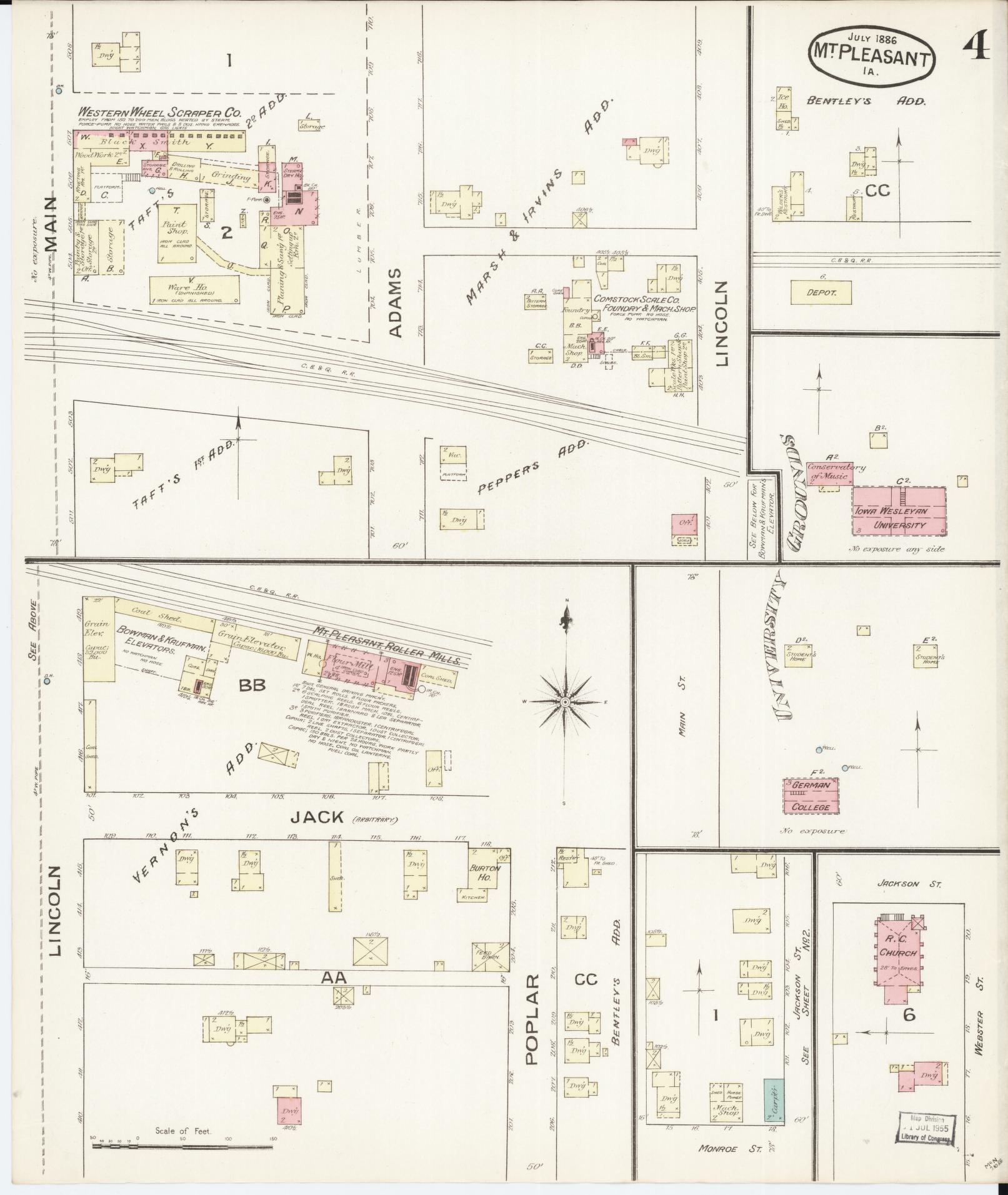 Sanborn Fire Insurance Map from Mount Pleasant, Henry County, Iowa (1886), Sheet #0004 - Historic Sanborn Fire Insurance Map Print, vintage old map wall art