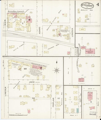 Sanborn Fire Insurance Map from Mount Pleasant, Henry County, Iowa (1886), Sheet #0004 - Historic Sanborn Fire Insurance Map Print, vintage old map wall art