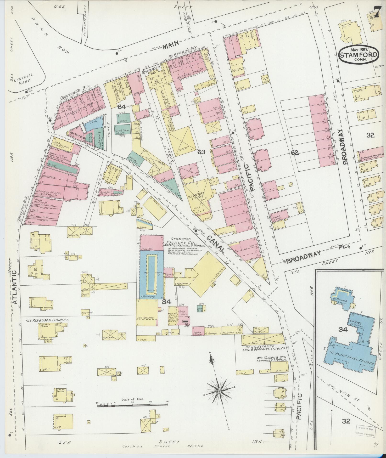 Sanborn Fire Insurance Map from Stamford, Fairfield County, Connecticut (1892), Sheet #0007 - Complete Map Set gallery image, historic Sanborn map, vintage wall art, Connecticut Connecticut
