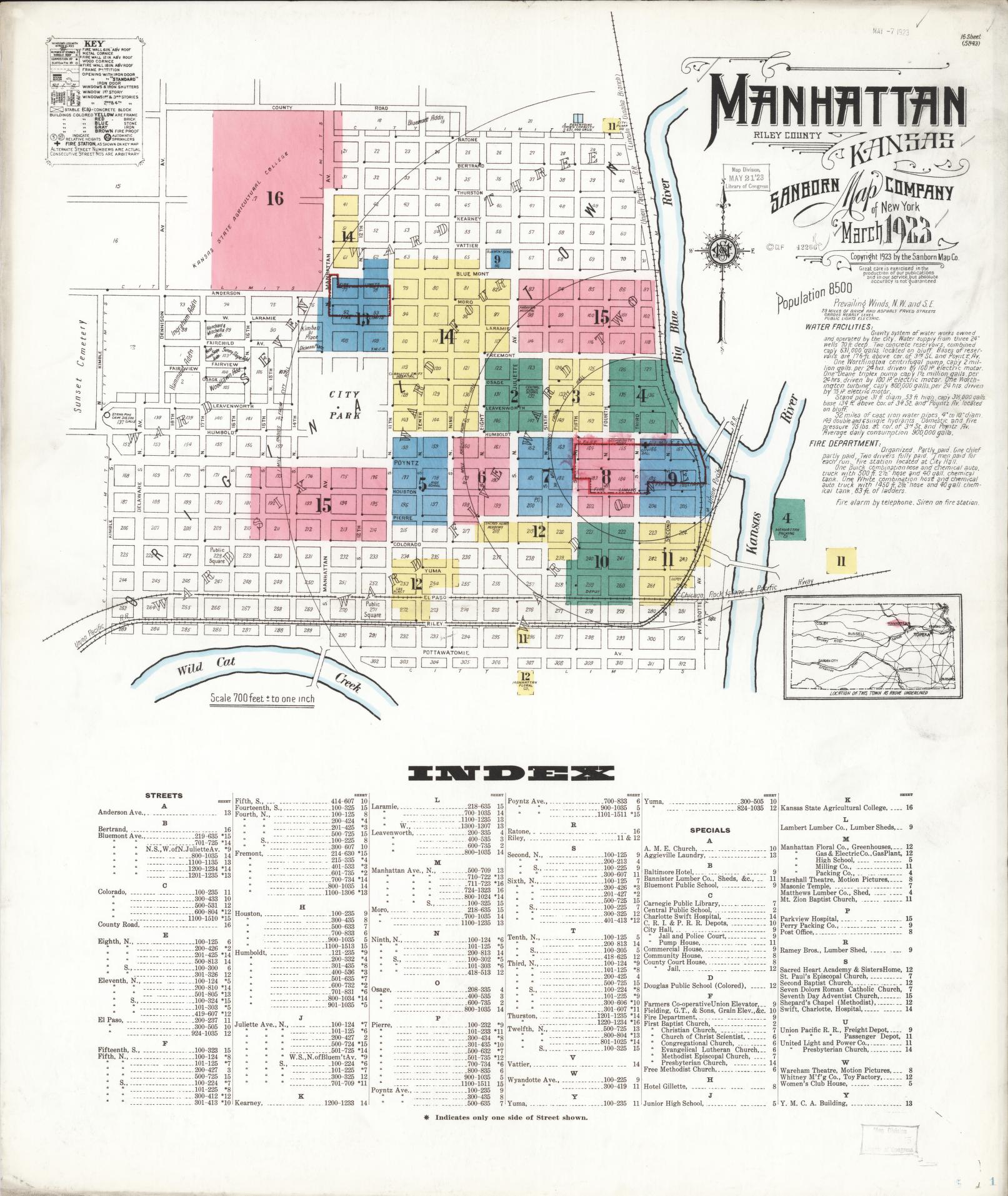 Sanborn Fire Insurance Map from Manhattan, Riley County, Kansas (1923), Sheet #0001 - Complete Map Set gallery image, historic Sanborn map, vintage wall art, Kansas Kansas