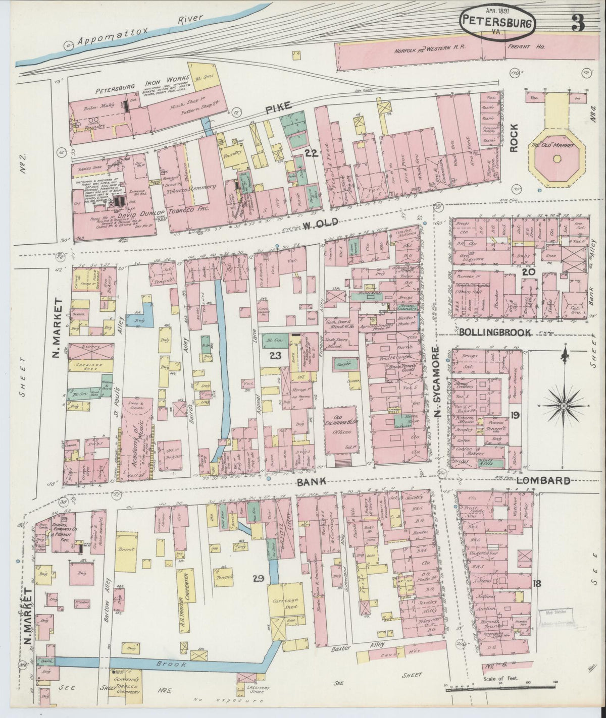 Sanborn Fire Insurance Map from Petersburg, Independent Cities, Virginia (1891), Sheet #0003 - Historic Sanborn Fire Insurance Map Print, vintage old map wall art, antique decor, genealogy gift, Virginia Virginia map