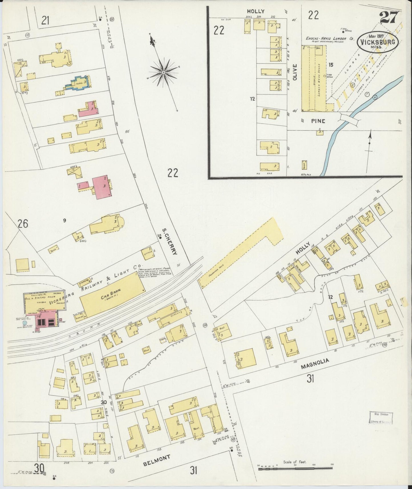 Sanborn Fire Insurance Map from Vicksburg, Warren County, Mississippi (1907), Sheet #0027 - Historic Sanborn Fire Insurance Map Print, vintage old map wall art, antique decor, genealogy gift, Mississippi Mississippi map