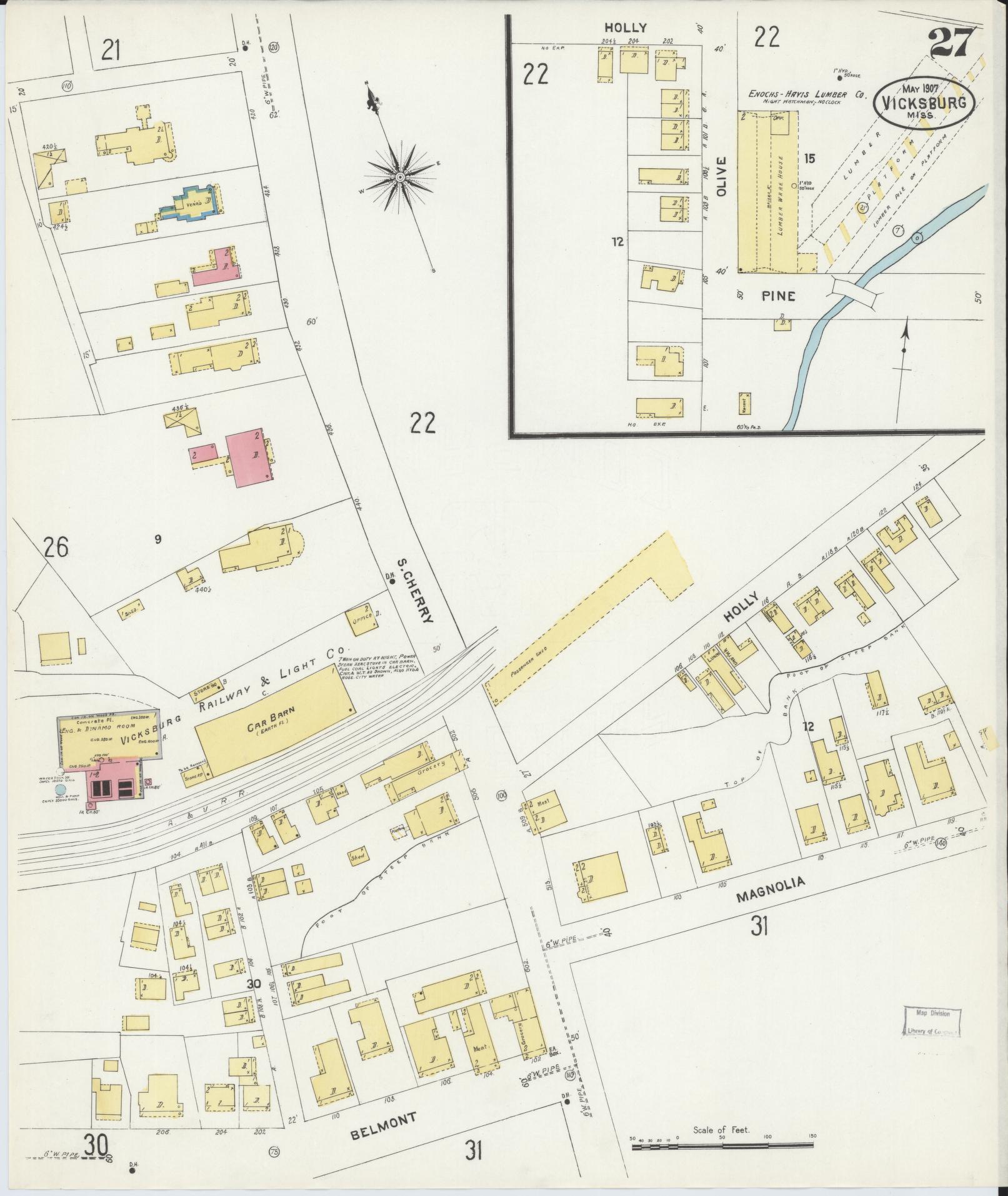 Sanborn Fire Insurance Map from Vicksburg, Warren County, Mississippi (1907), Sheet #0027 - Historic Sanborn Fire Insurance Map Print, vintage old map wall art, antique decor, genealogy gift, Mississippi Mississippi map