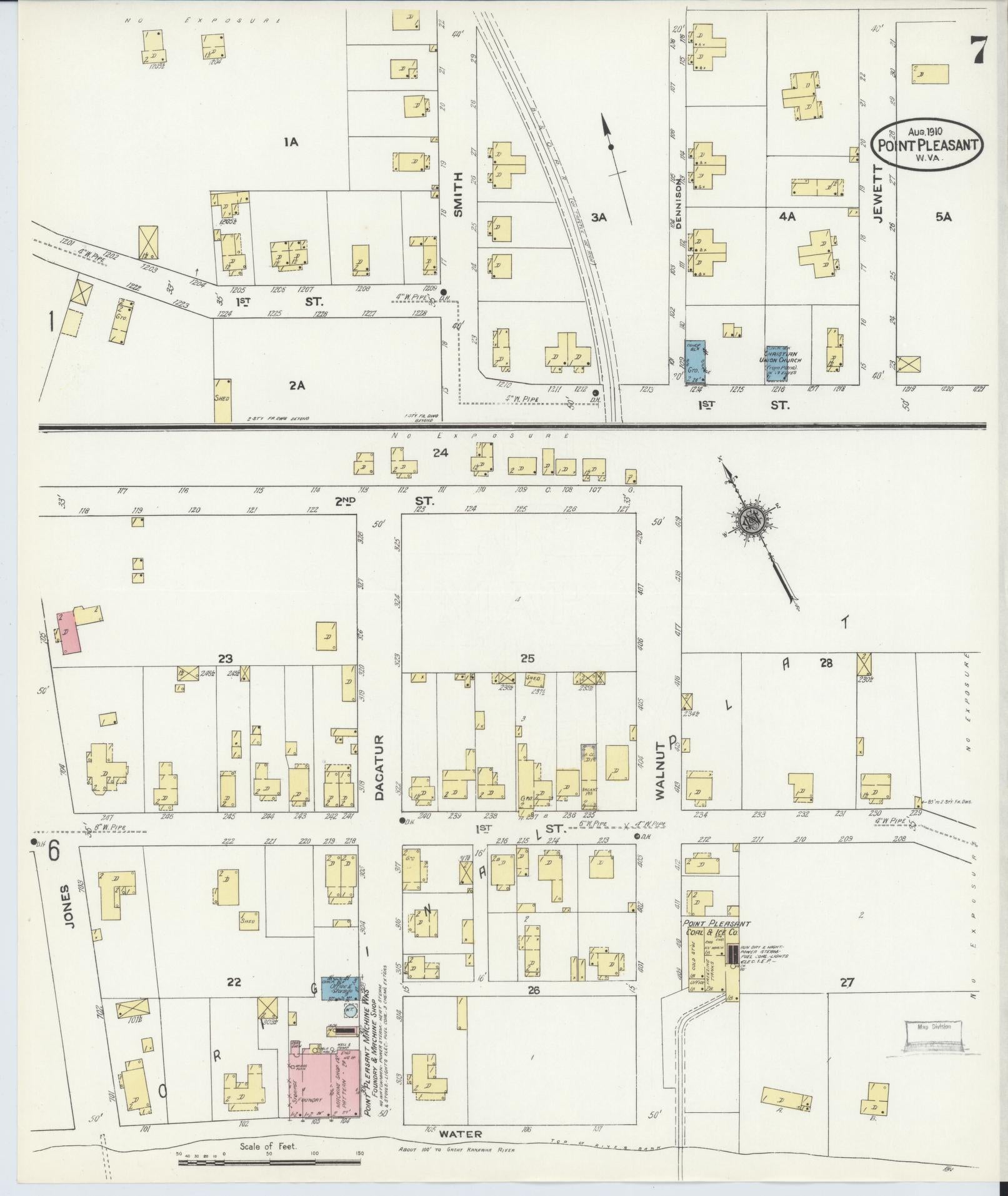 Sanborn Fire Insurance Map from Point Pleasant, Mason County, West Virginia (1910), Sheet #0007 - Historic Sanborn Fire Insurance Map Print, vintage old map wall art, antique decor, genealogy gift, West Virginia West Virginia map