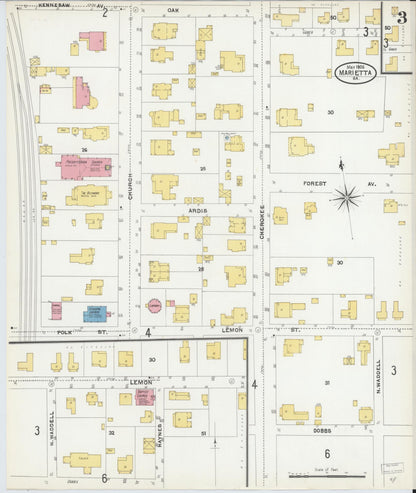 Sanborn Fire Insurance Map from Marietta, Cobb County, Georgia (1905), Sheet #0003 - Complete Map Set gallery image, historic Sanborn map, vintage wall art, Georgia Georgia
