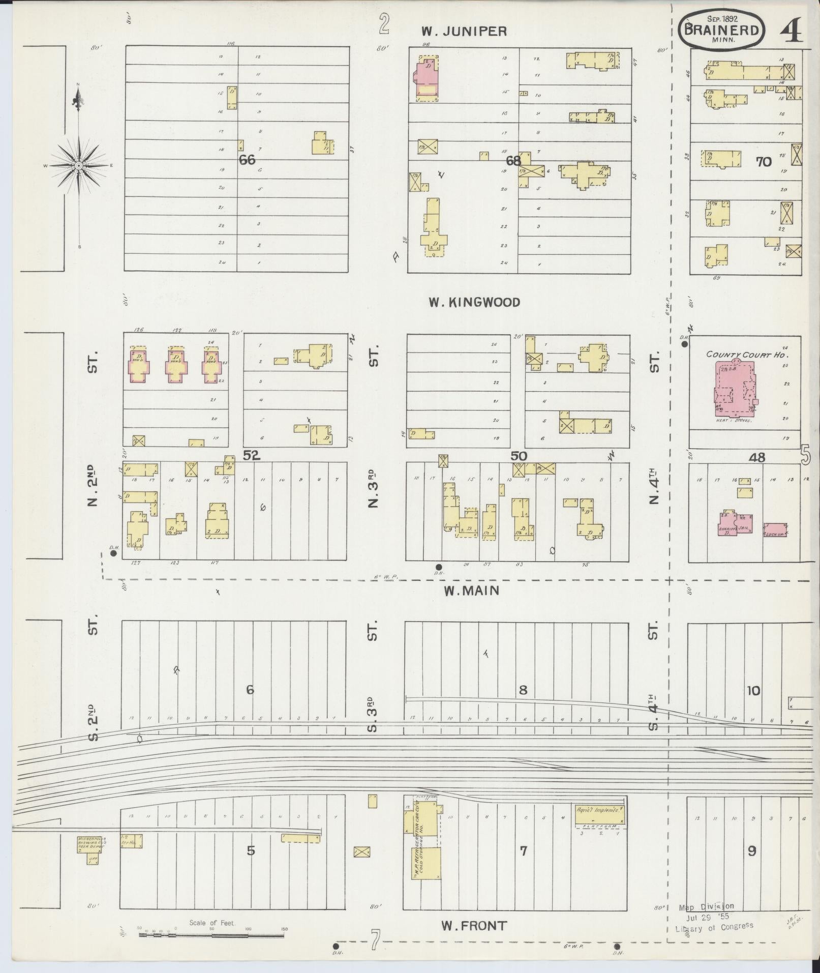 Sanborn Fire Insurance Map from Brainerd, Crow Wing County, Minnesota (1892), Sheet #0004 - Complete Map Set gallery image, historic Sanborn map, vintage wall art, Minnesota Minnesota