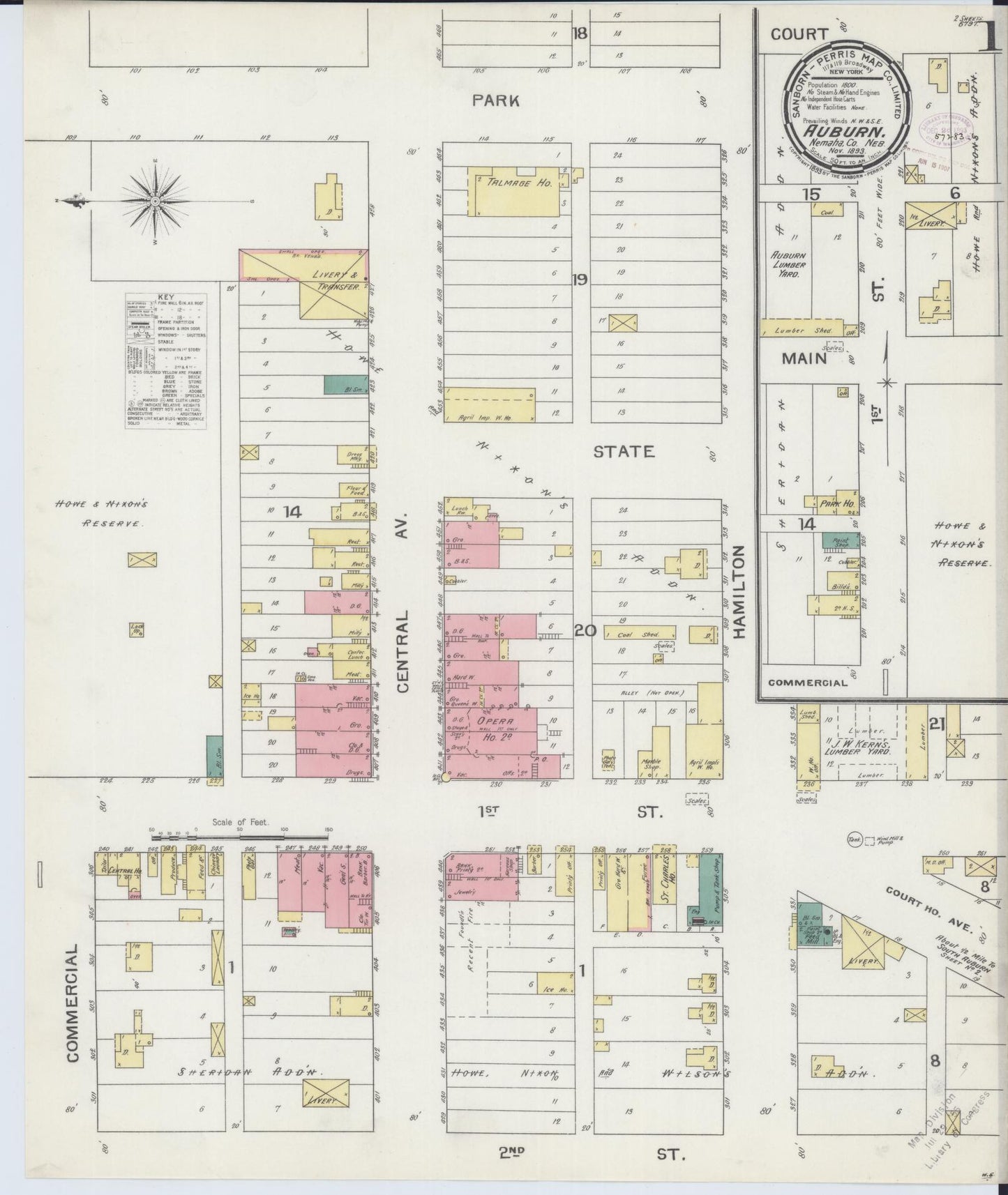 Sanborn Fire Insurance Map from Auburn, Nemaha County, Nebraska (1893), Sheet #0001 - Historic Sanborn Fire Insurance Map Print, vintage old map wall art, antique decor, genealogy gift, Nebraska Nebraska map