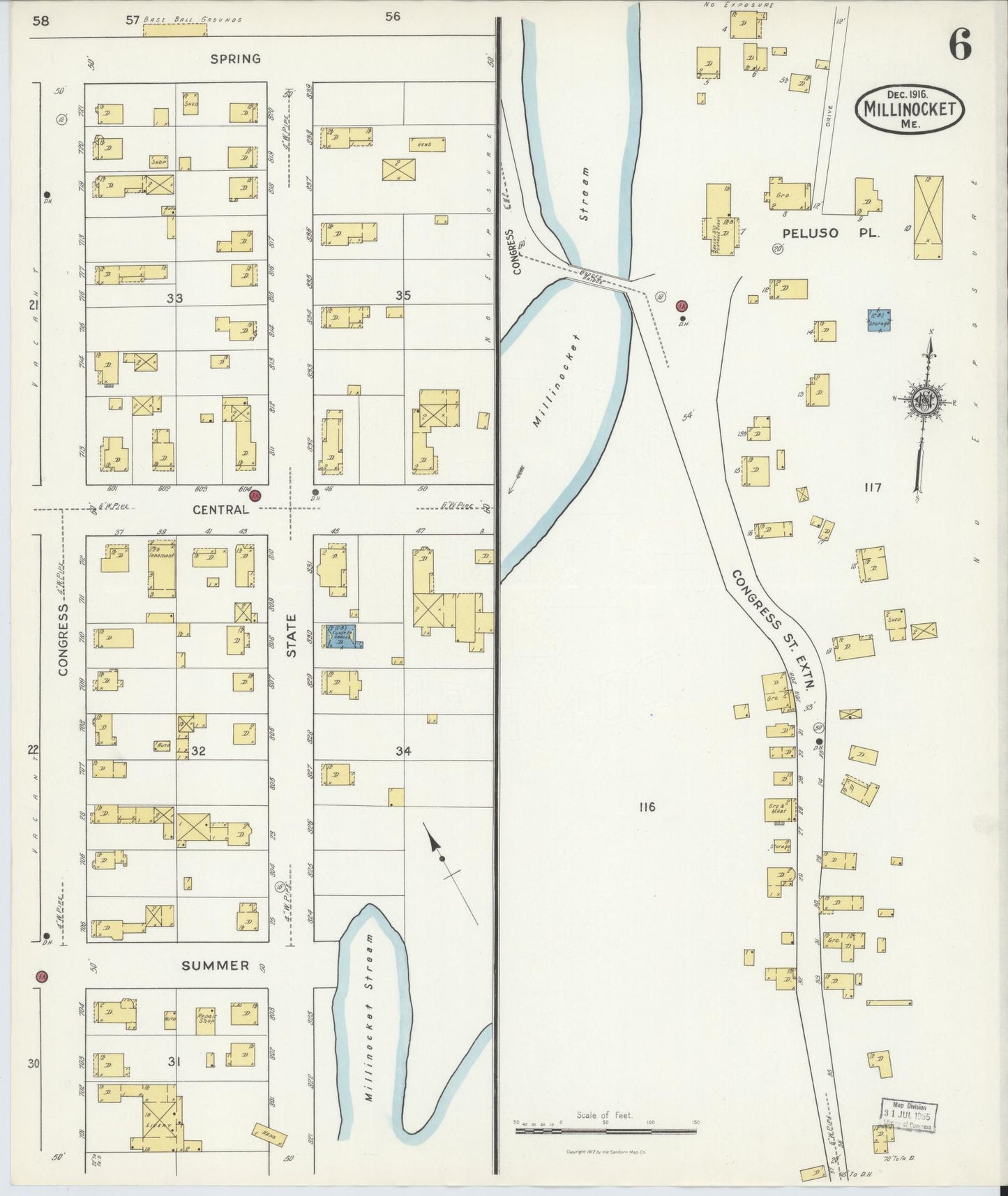Sanborn Fire Insurance Map from Millinocket, Penobscot County, Maine (1916), Sheet #0006 - Historic Sanborn Fire Insurance Map Print, vintage old map wall art, antique decor, genealogy gift, Maine Maine map