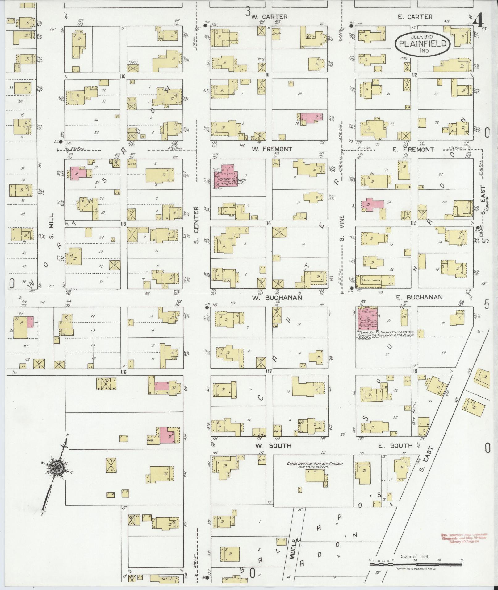 Sanborn Fire Insurance Map from Plainfield, Hendricks County, Indiana (1920), Sheet #0004 - Complete Map Set gallery image, historic Sanborn map, vintage wall art, Indiana Indiana