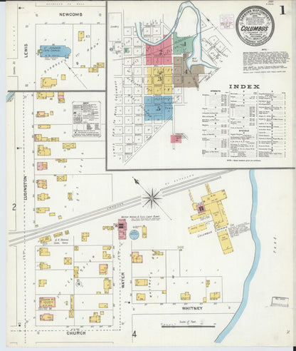 Sanborn Fire Insurance Map from Columbus, Columbia and Dodge County, Wisconsin (1904), Sheet #0001 - Historic Sanborn Fire Insurance Map Print, vintage old map wall art, antique decor, genealogy gift, Wisconsin Wisconsin map