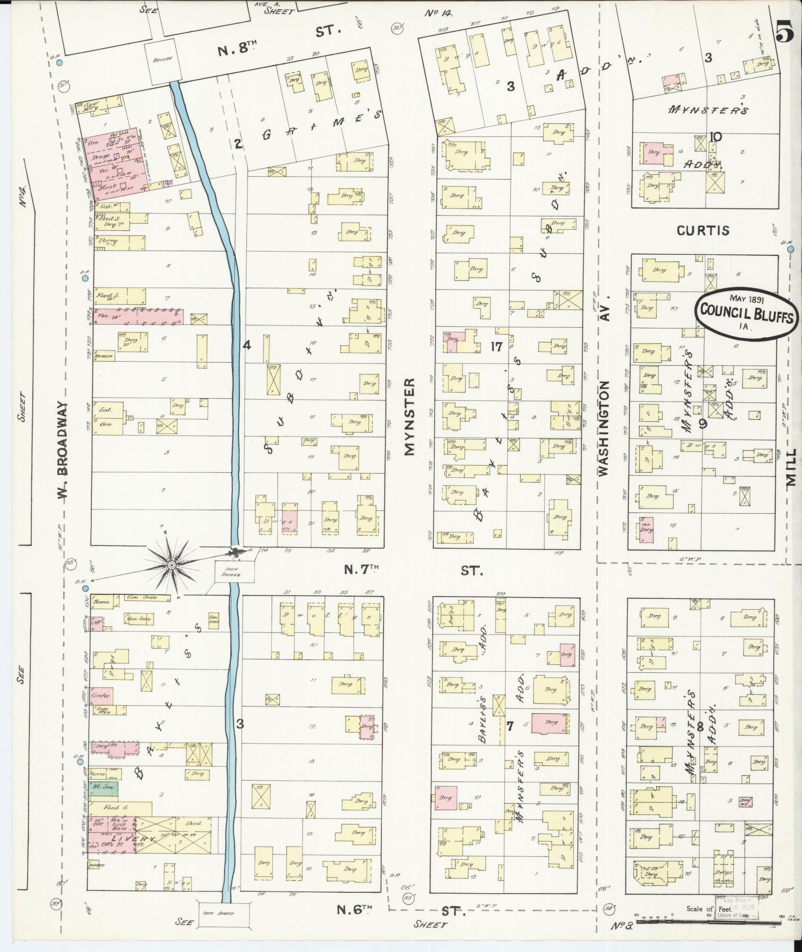 Sanborn Fire Insurance Map from Council Bluffs, Pottawattamie County, Iowa (1891), Sheet #0005 - Historic Sanborn Fire Insurance Map Print, vintage old map wall art