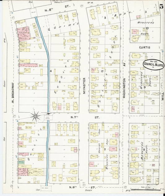 Sanborn Fire Insurance Map from Council Bluffs, Pottawattamie County, Iowa (1891), Sheet #0005 - Historic Sanborn Fire Insurance Map Print, vintage old map wall art