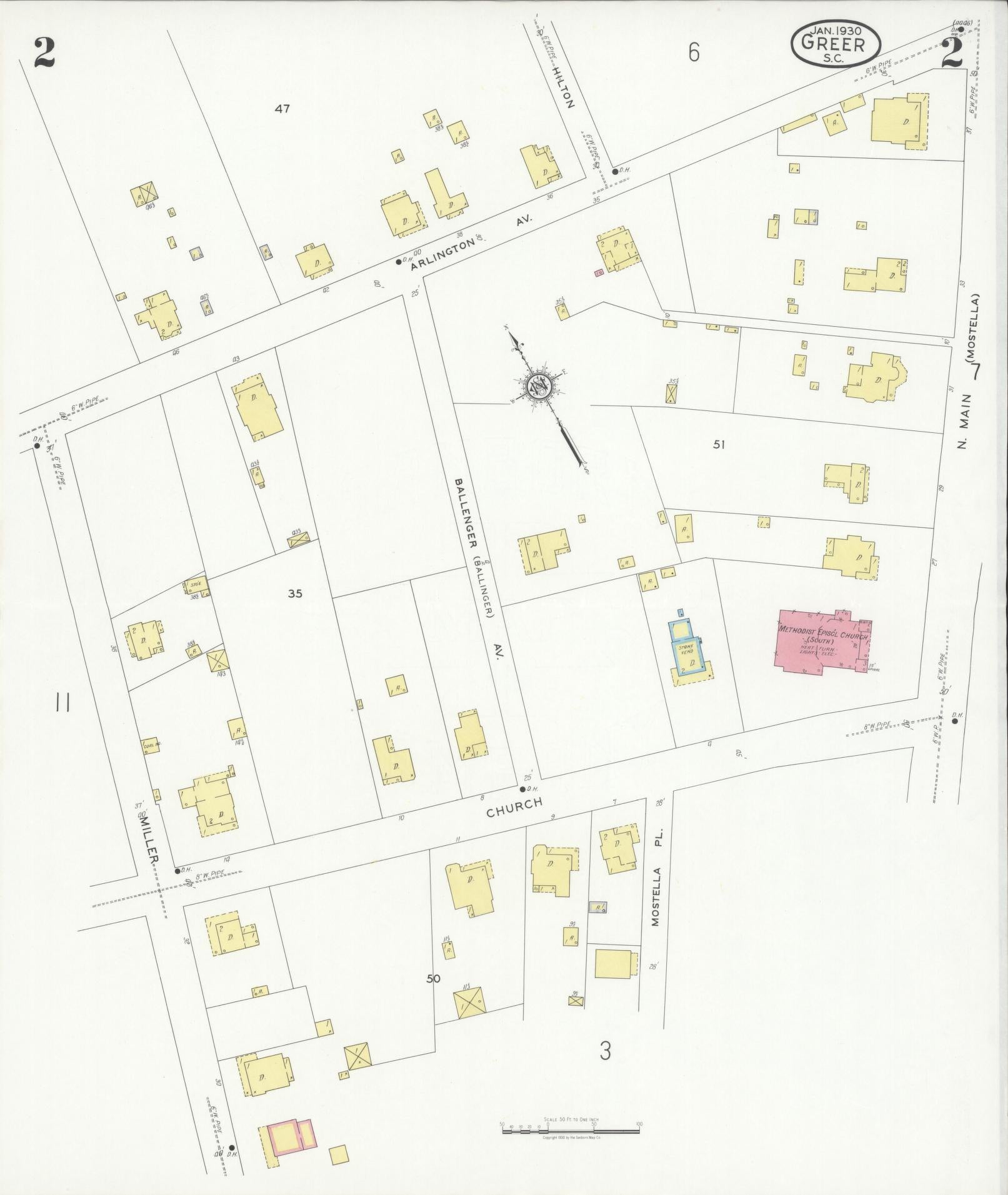 Sanborn Fire Insurance Map from Greer, Greenville and Spartanburg Counties, South Carolina (1930), Sheet #0002 - Complete Map Set gallery image, historic Sanborn map, vintage wall art, South Carolina South Carolina