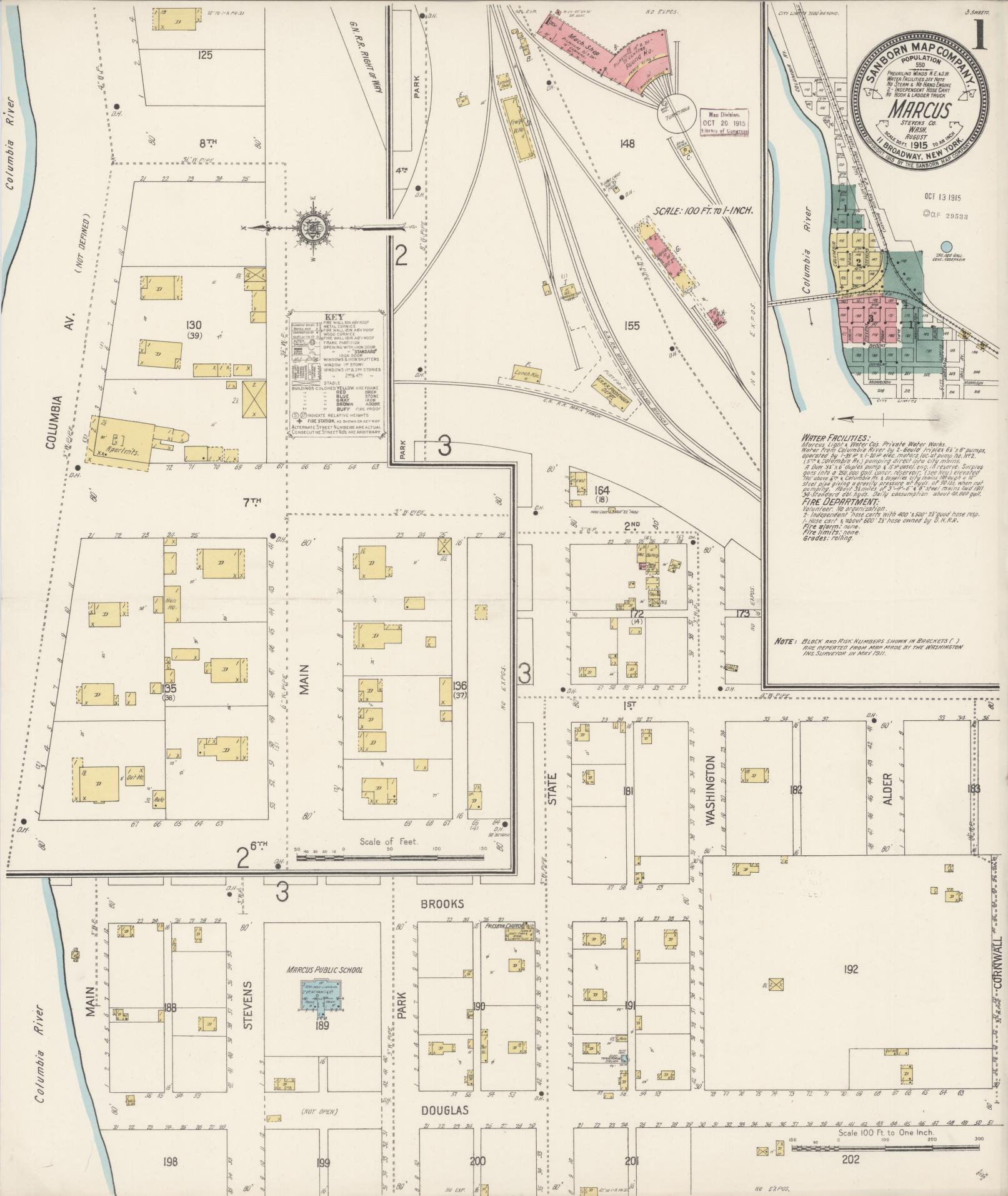 Sanborn Fire Insurance Map from Marcus, Stevens County, Washington (1915), Sheet #0001 - Complete Map Set gallery image, historic Sanborn map, vintage wall art, Washington Washington