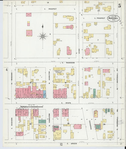 Sanborn Fire Insurance Map from Marshall, Calhoun County, Michigan (1906), Sheet #0005 - Historic Sanborn Fire Insurance Map Print, vintage old map wall art, antique decor, genealogy gift, Michigan Michigan map