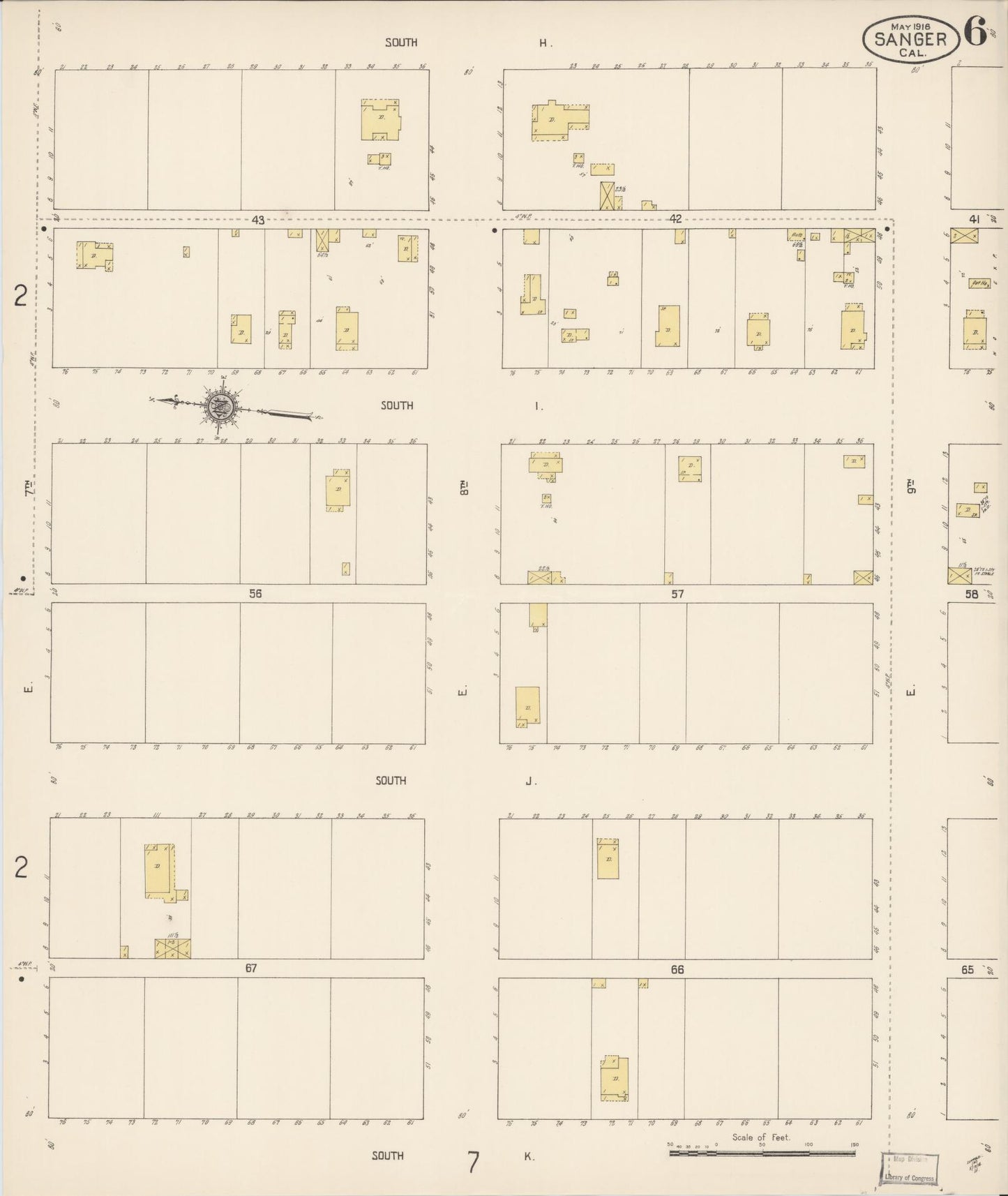 Sanborn Fire Insurance Map from Sanger, Fresno County, California (1916), Sheet #0006 - Complete Map Set gallery image, historic Sanborn map, vintage wall art, California California
