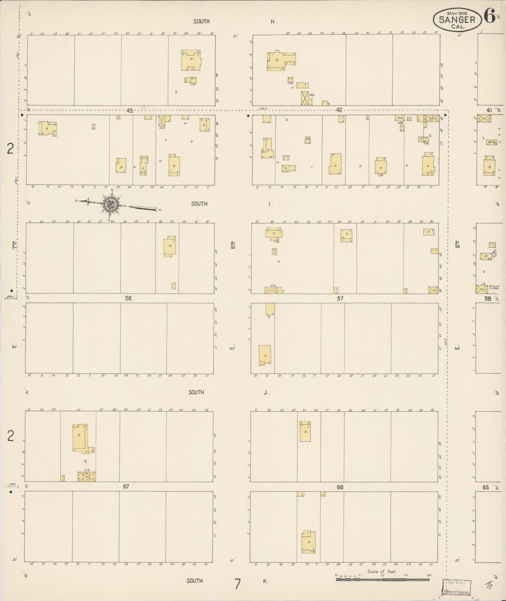 Sanborn Fire Insurance Map from Sanger, Fresno County, California (1916), Sheet #0006 - Complete Map Set gallery image, historic Sanborn map, vintage wall art, California California