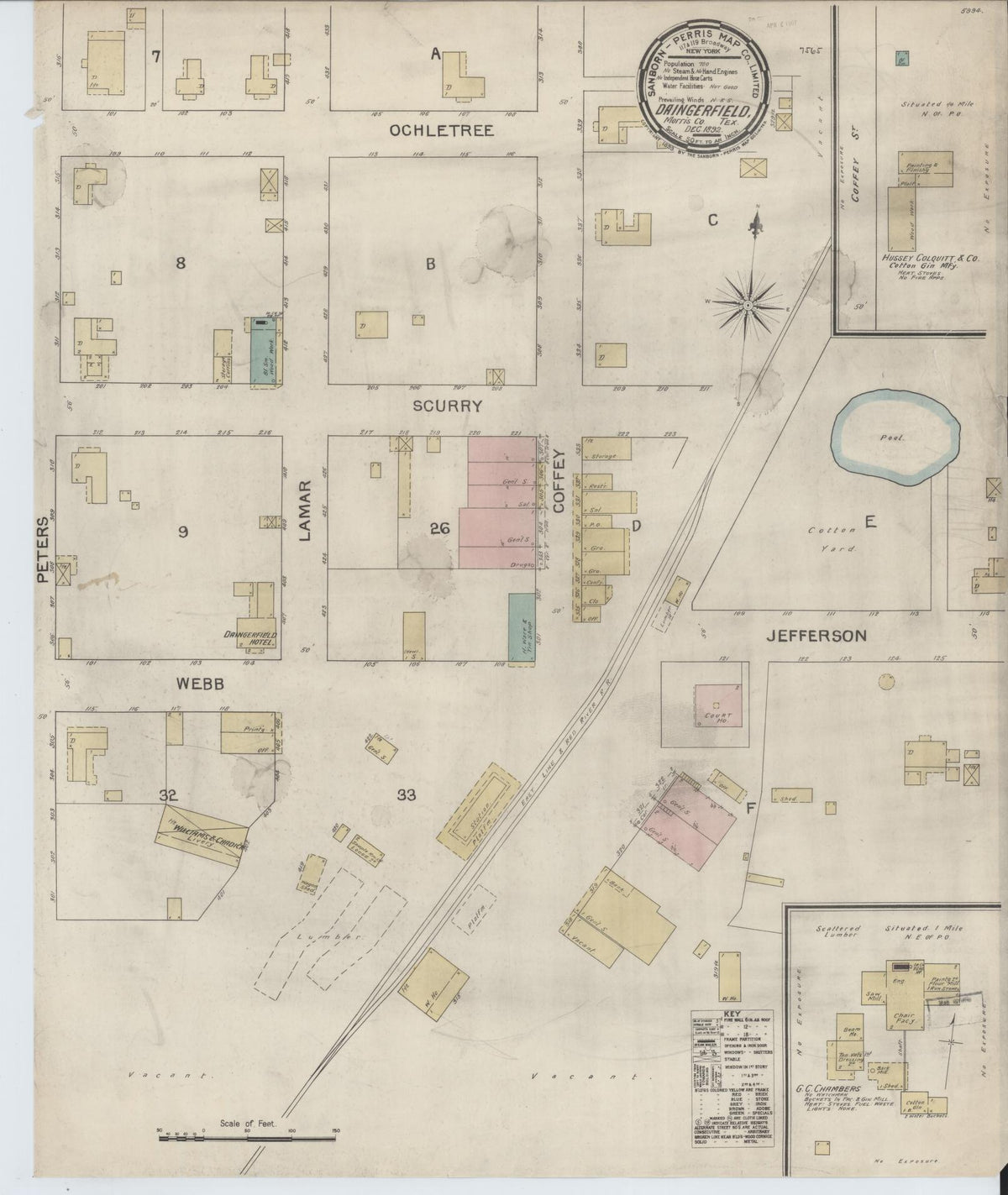 Sanborn Fire Insurance Map from Daingerfield, Morris County, Texas (1892), Sheet #0001 - Historic Sanborn Fire Insurance Map Print, vintage old map wall art, antique decor, genealogy gift, Texas Texas map