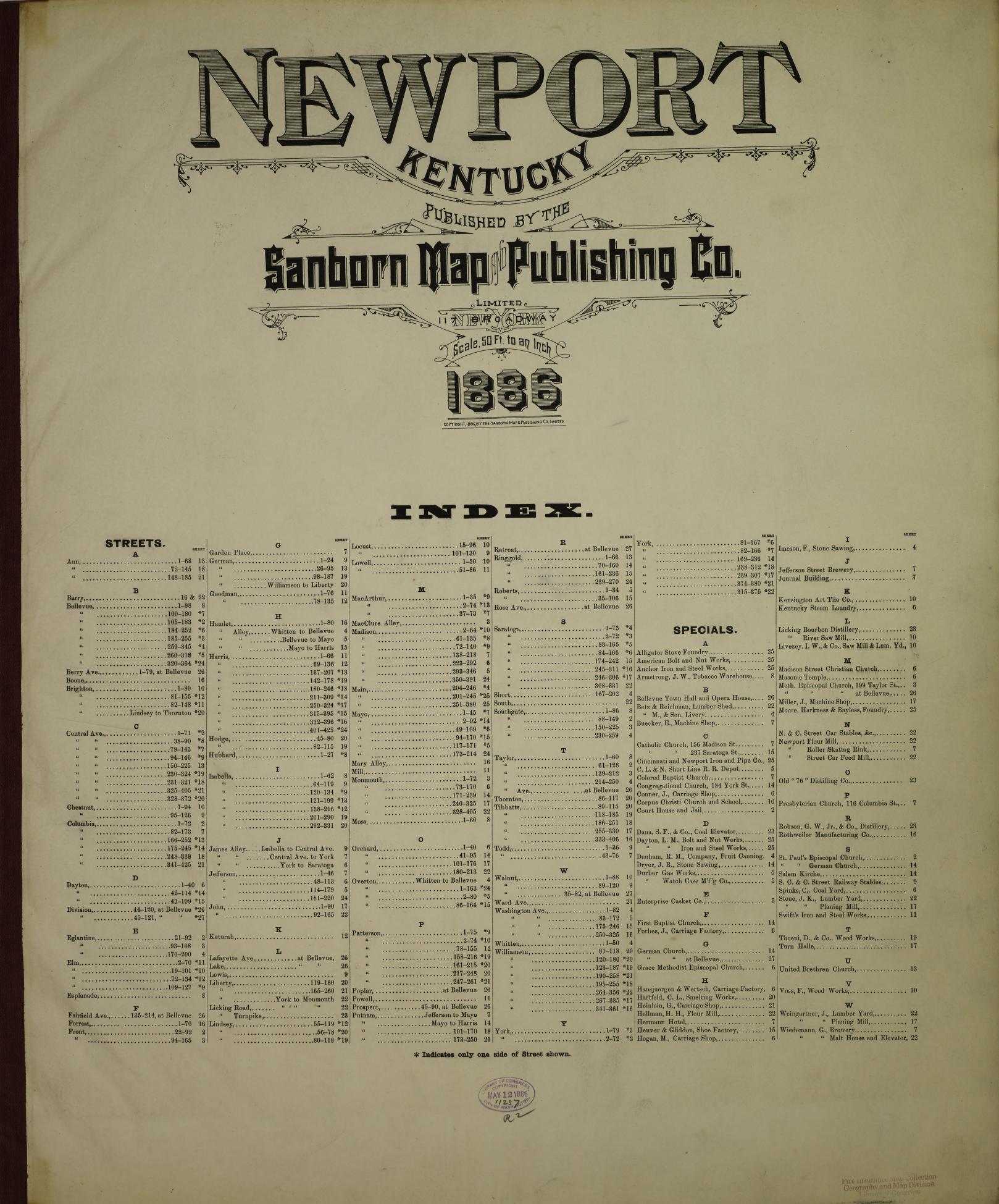 Sanborn Fire Insurance Map from Newport, Campbell County, Kentucky (1886), Sheet #0001 - Historic Sanborn Fire Insurance Map Print, vintage old map wall art, antique decor, genealogy gift, Kentucky Kentucky map