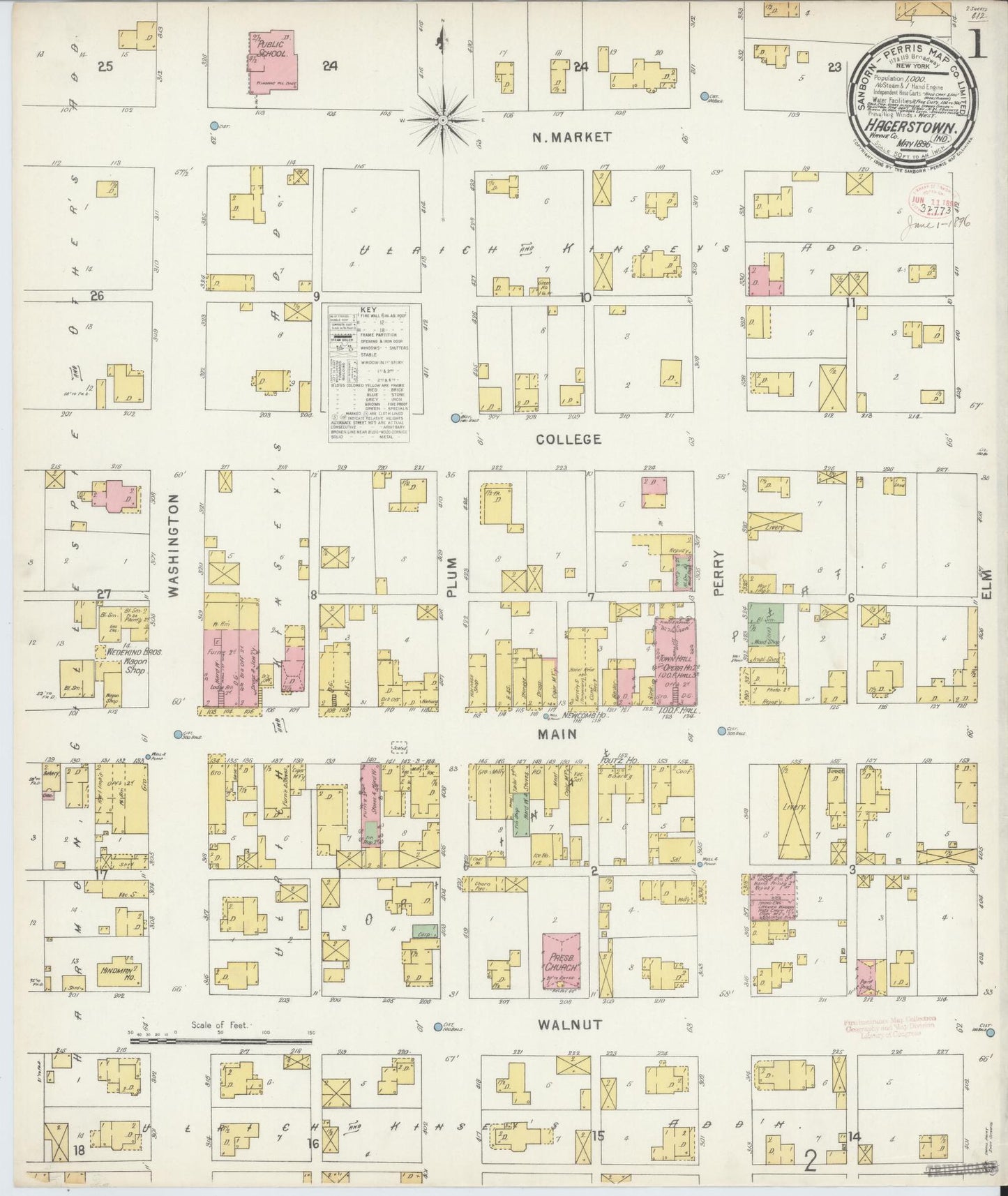 Sanborn Fire Insurance Map from Hagerstown, Wayne County, Indiana (1896), Sheet #0001 - Complete Map Set gallery image, historic Sanborn map, vintage wall art, Indiana Indiana