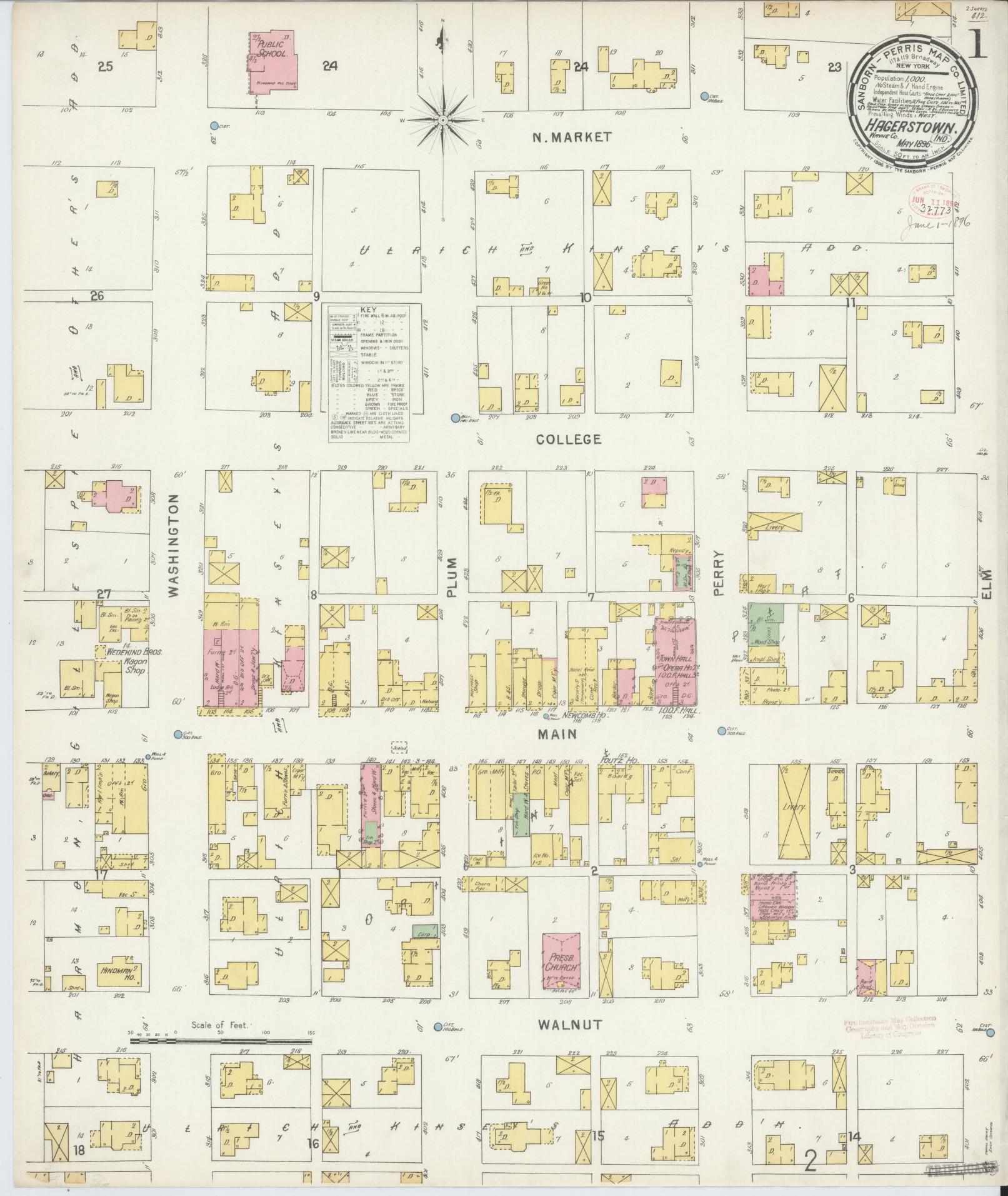 Sanborn Fire Insurance Map from Hagerstown, Wayne County, Indiana (1896), Sheet #0001 - Complete Map Set gallery image, historic Sanborn map, vintage wall art, Indiana Indiana