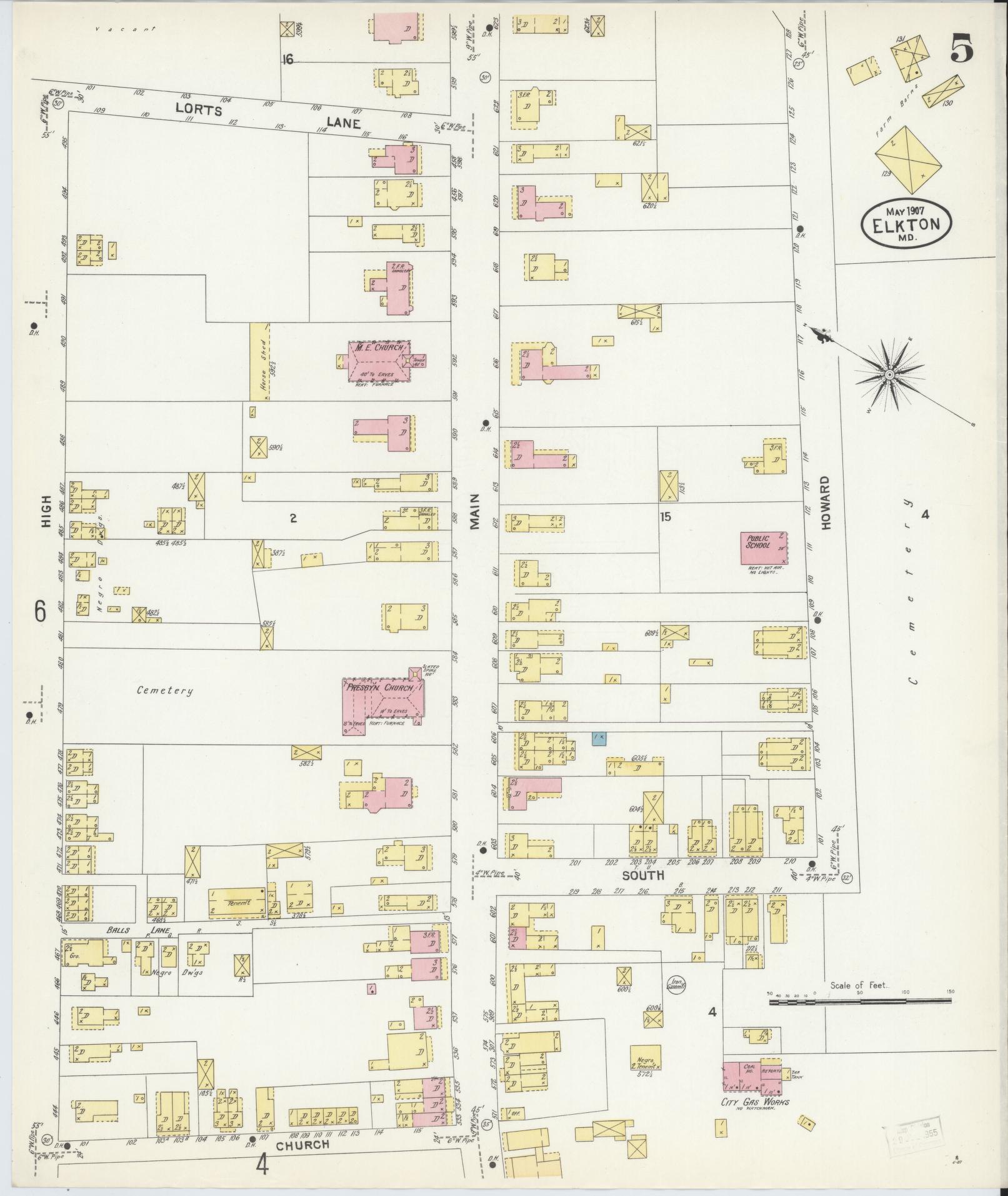 Sanborn Fire Insurance Map from Elkton, Cecil County, Maryland (1907), Sheet #0005 - Complete Map Set gallery image, historic Sanborn map, vintage wall art, Maryland Maryland