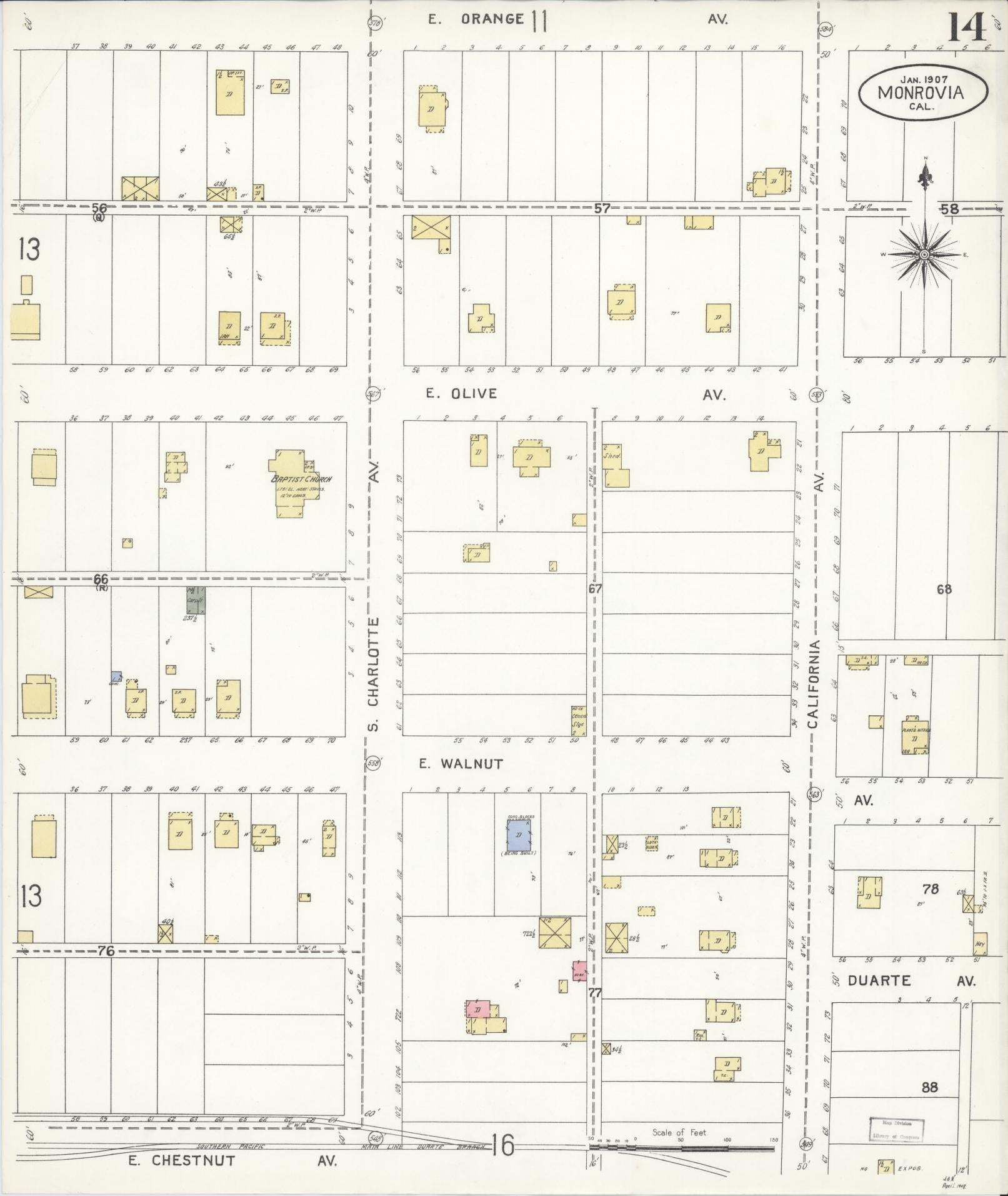 Sanborn Fire Insurance Map from Monrovia, Los Angeles County, California (1907), Sheet #0014 - Complete Map Set gallery image, historic Sanborn map, vintage wall art, California California